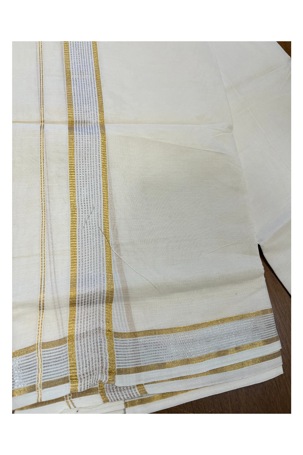 Pure Cotton Off White Double Mundu with Silver and Gold Kasavu Lines Kara (South Indian Kerala Dhoti)