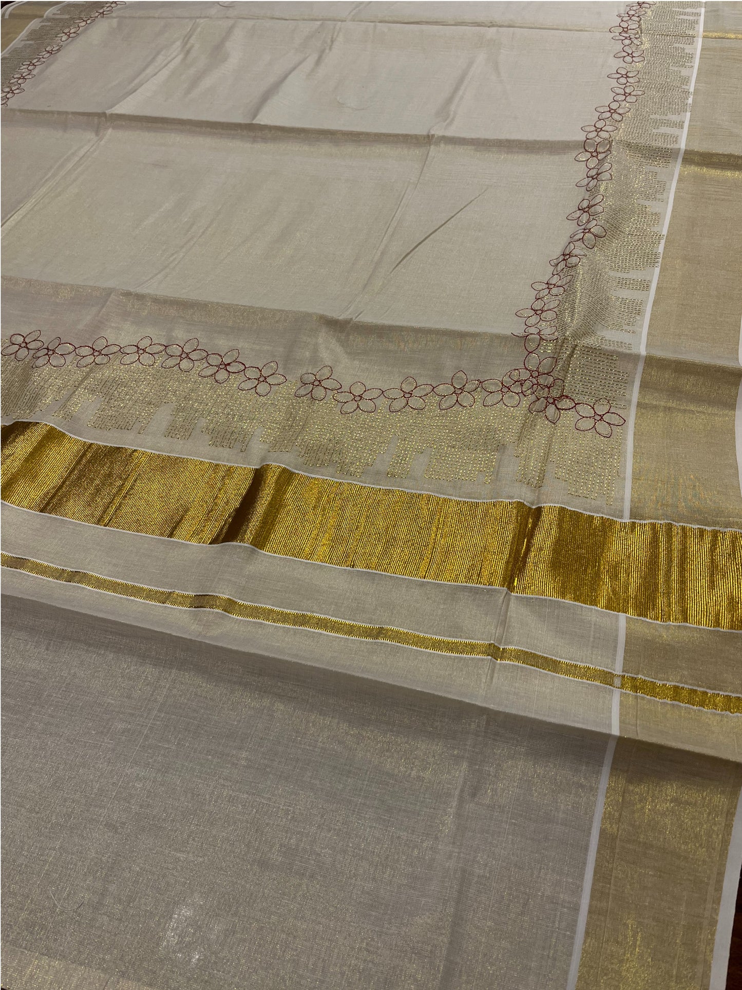 Southloom Kerala Tissue Kasavu Plain Saree with Red Floral Embroidery Works