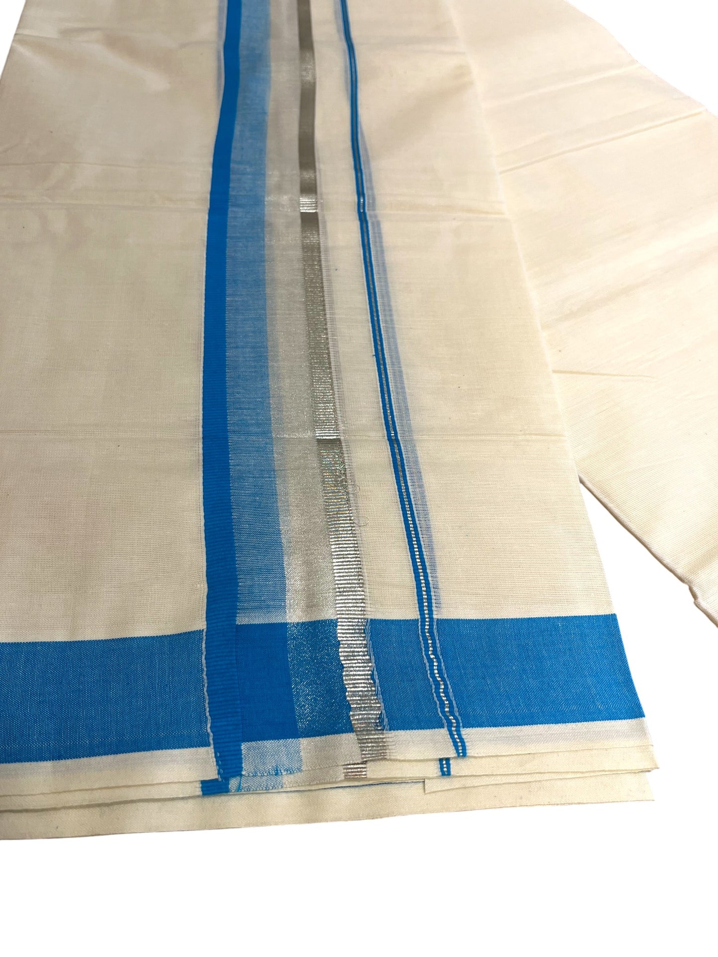 Southloom Kerala Pure Cotton Double Mundu with Silver Lines & Blue Border (South Indian Dhoti)