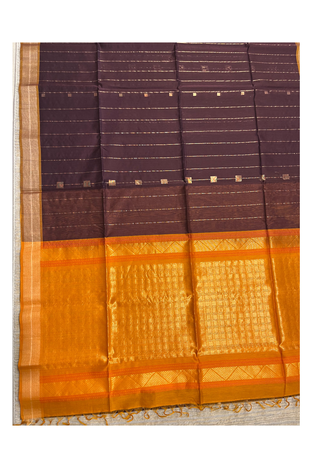 Southloom Pure Handloom Cotton Silk Saree With Handwoven Work Across Body and Blouse in Brown And Yellow