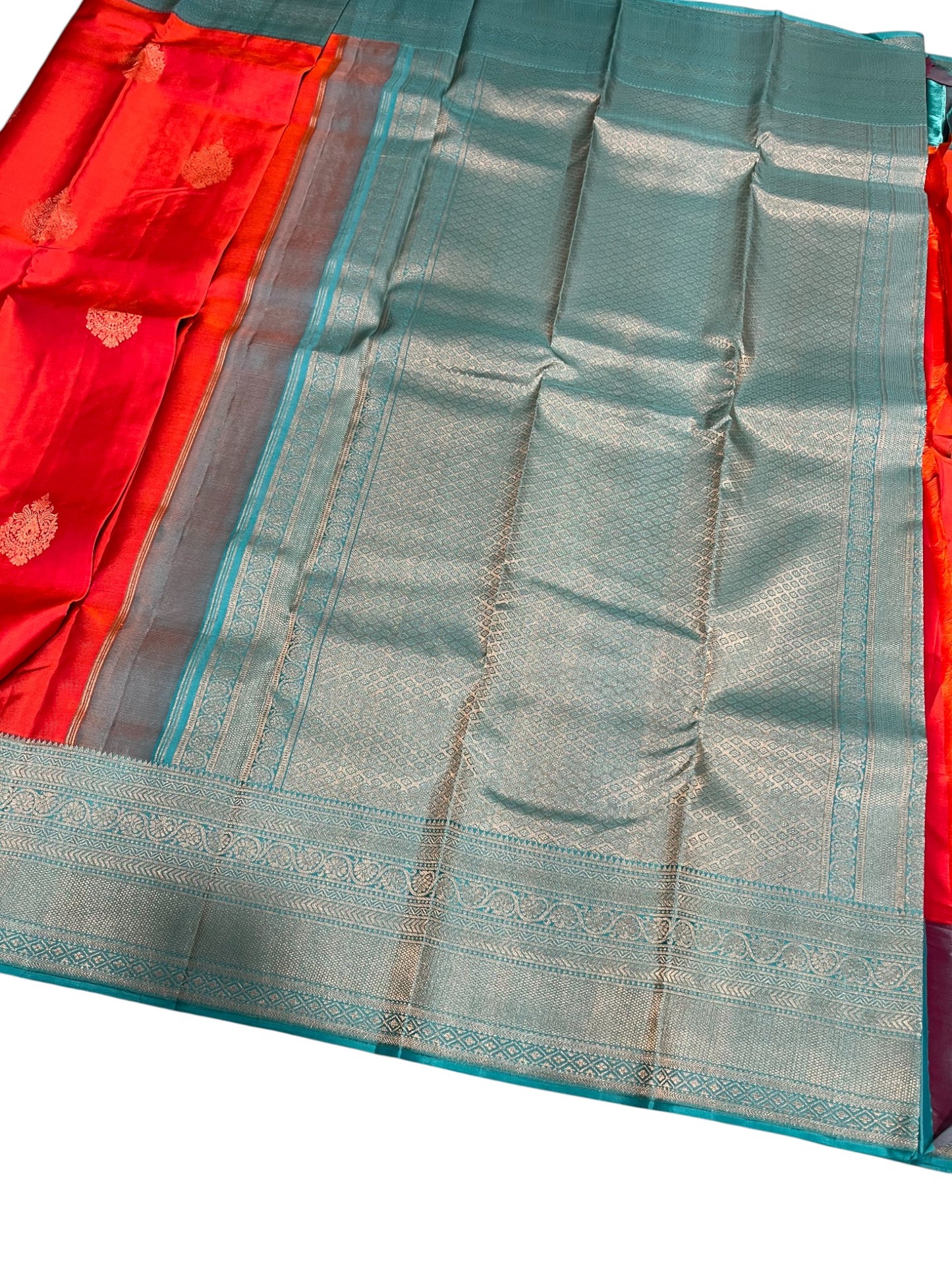 Southloom Premium Bridal Handloom Kanchipuram Silk Saree With Butta Works (Orange & Blue)