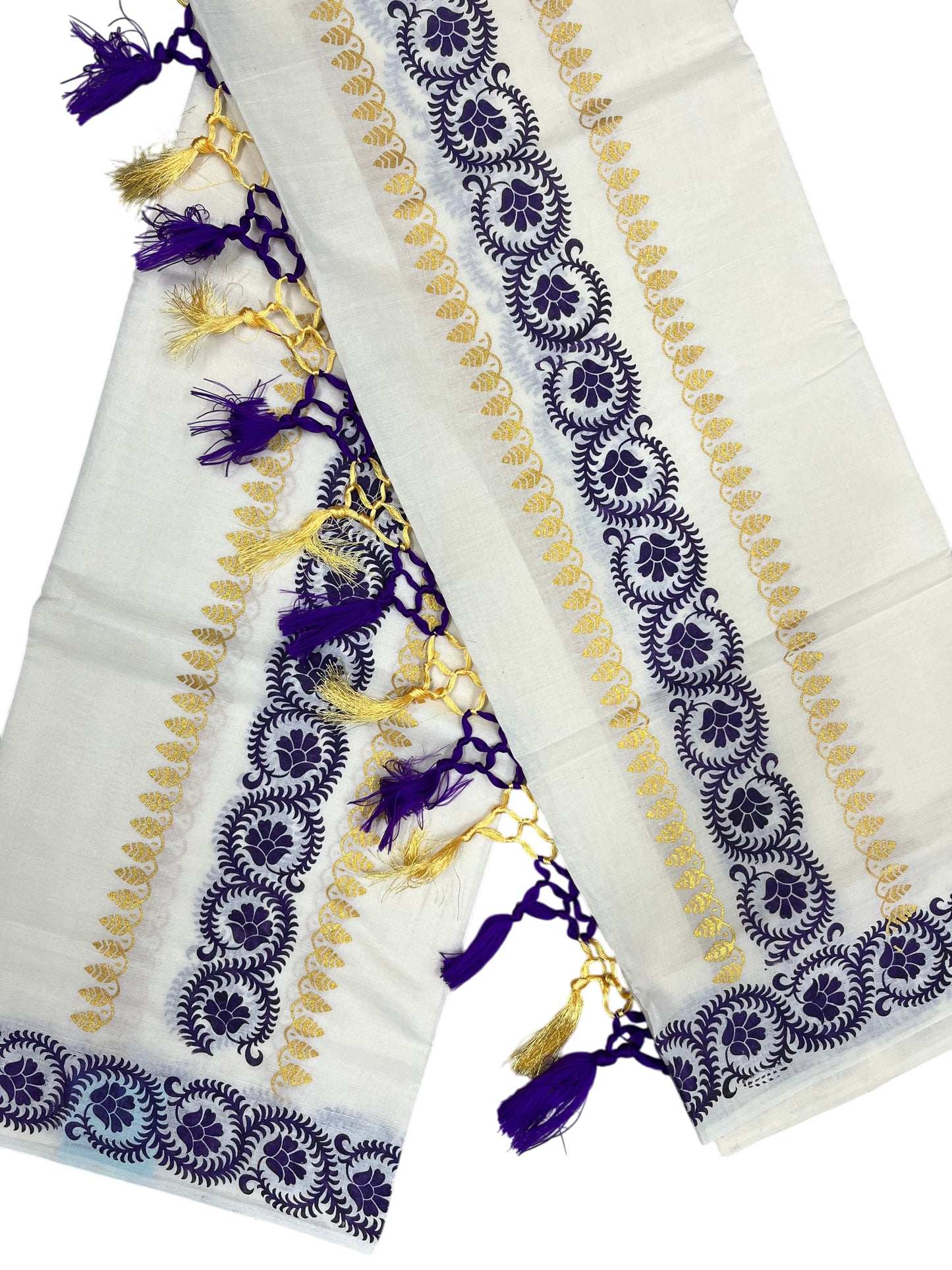 Southloom Cotton Single Set Mundu (Mundu Neriyathum) Voilet and Golden Printed Border With Tussles in 2.80 Mtrs