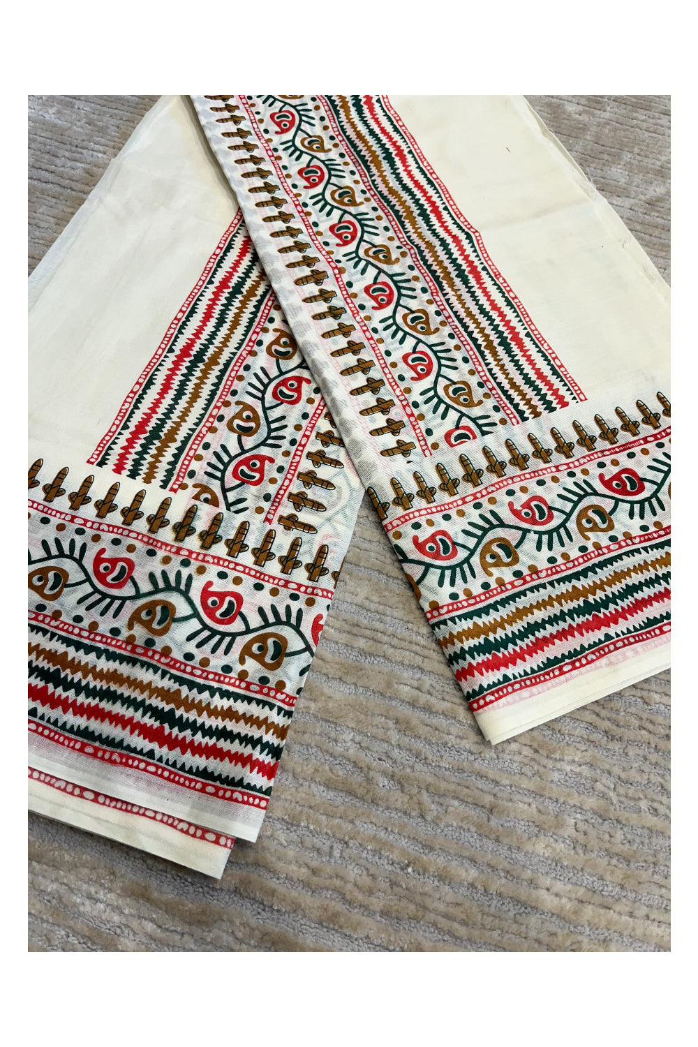 Southloom Pure Cotton Mulloth Set Mundu with Warly Print (Green Printed Blouse Piece)