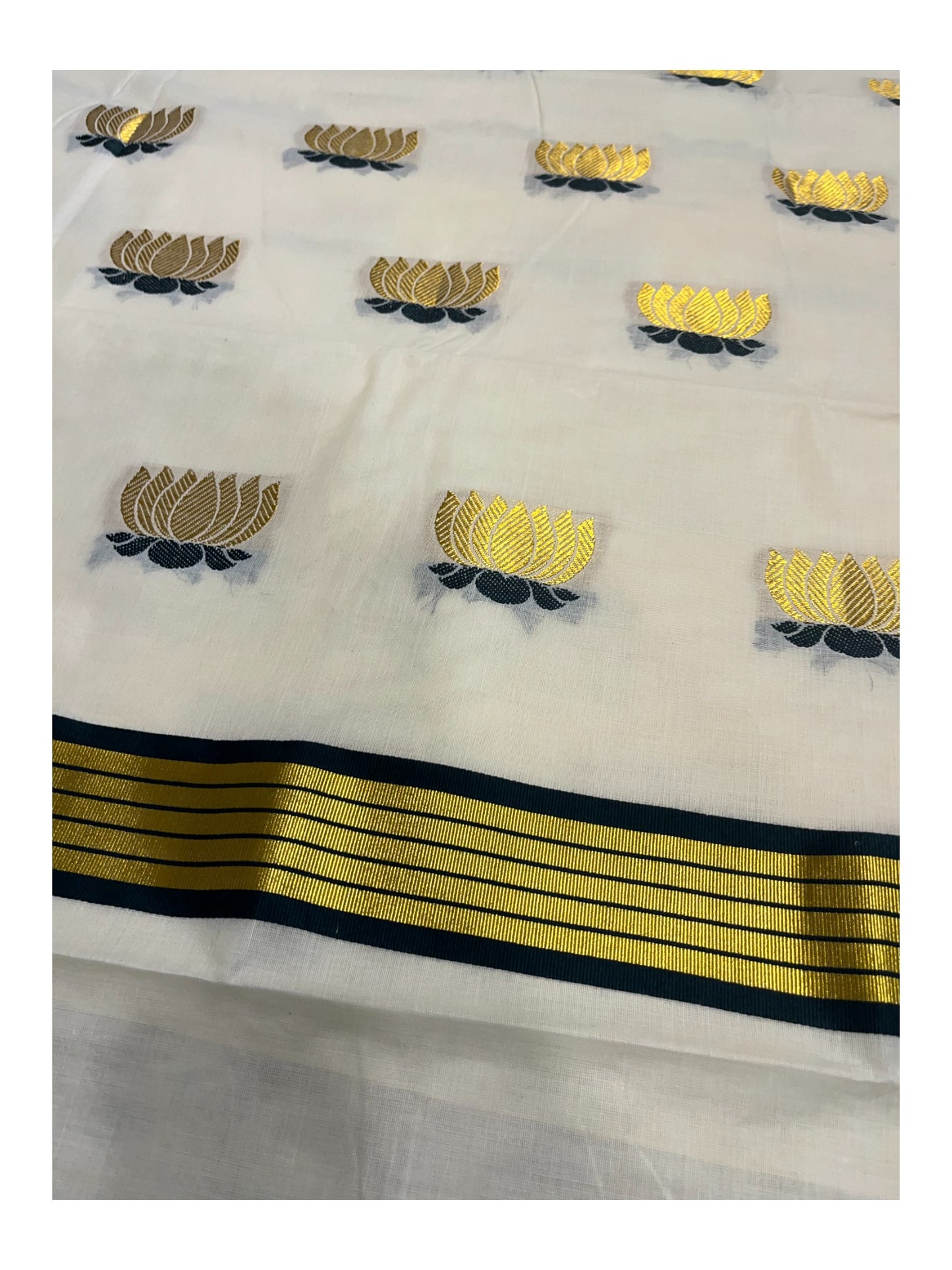 Southloom Kerala Cotton Kasavu Saree with Lotus Woven Work in Green