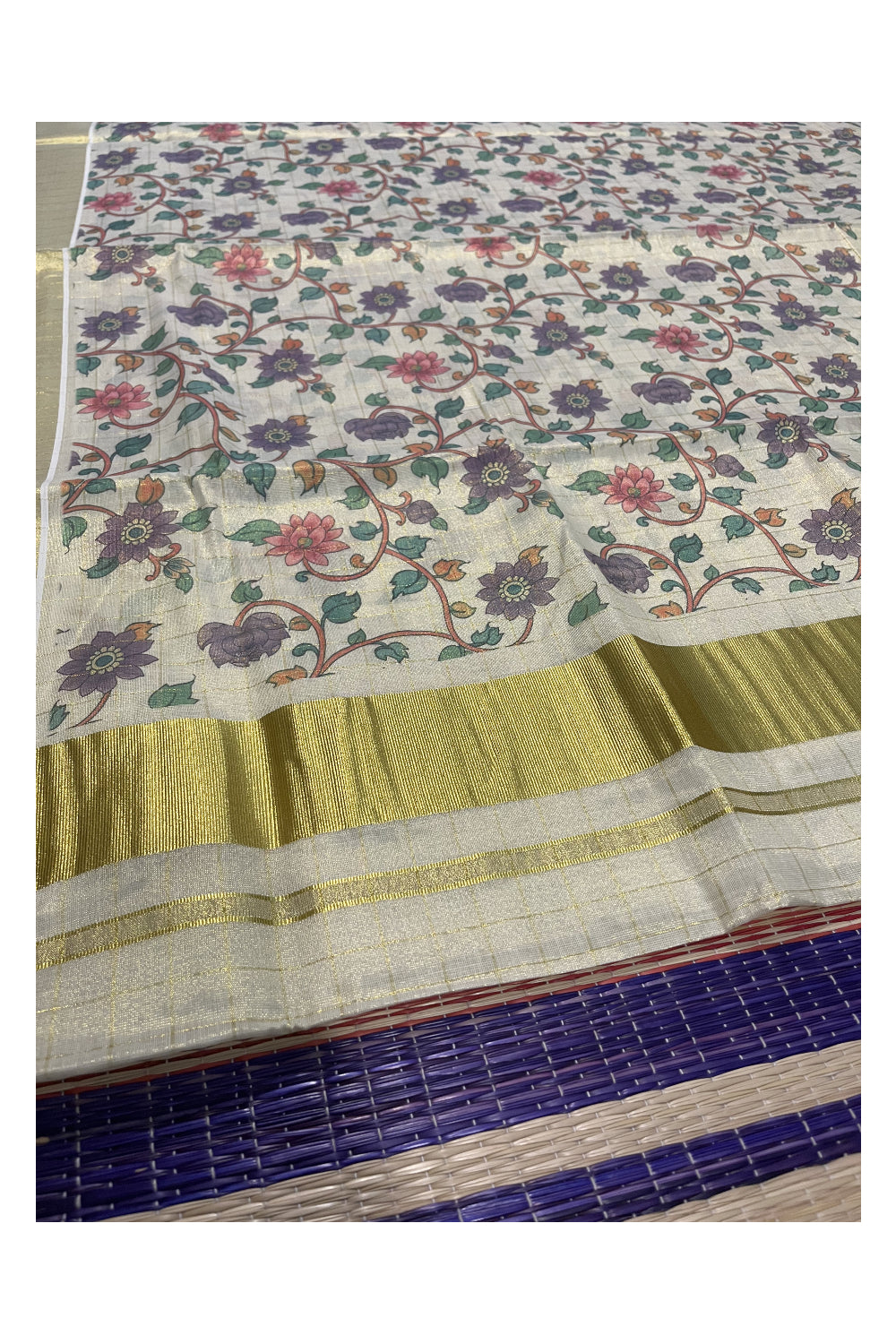 Kerala Tissue Kasavu Check Saree with Violet Floral Kalamkari Design