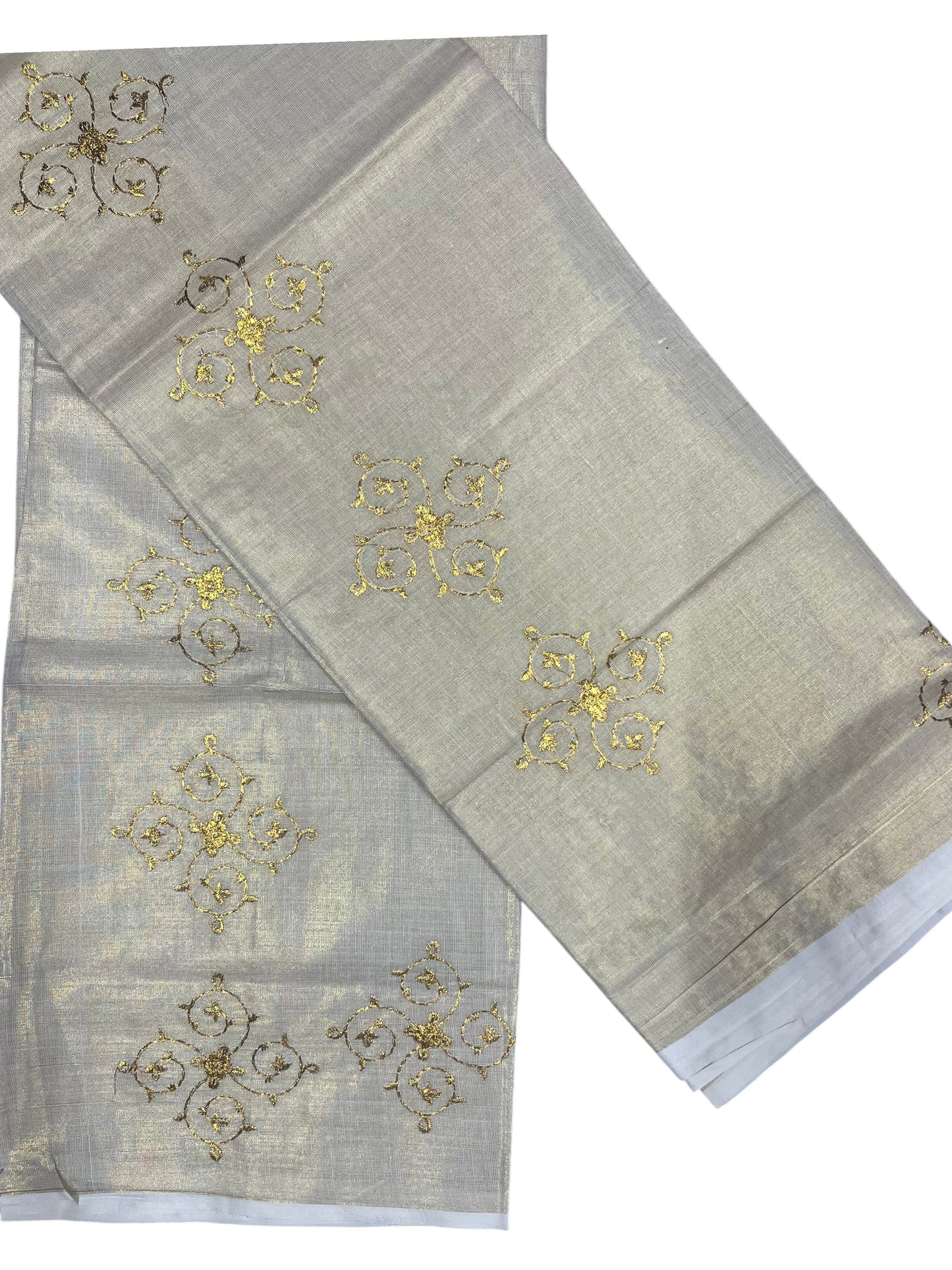 Southloom Kerala Tissue Kasavu Single Set Mundu (Mundum Neriyathum) Golden Embroidery Work