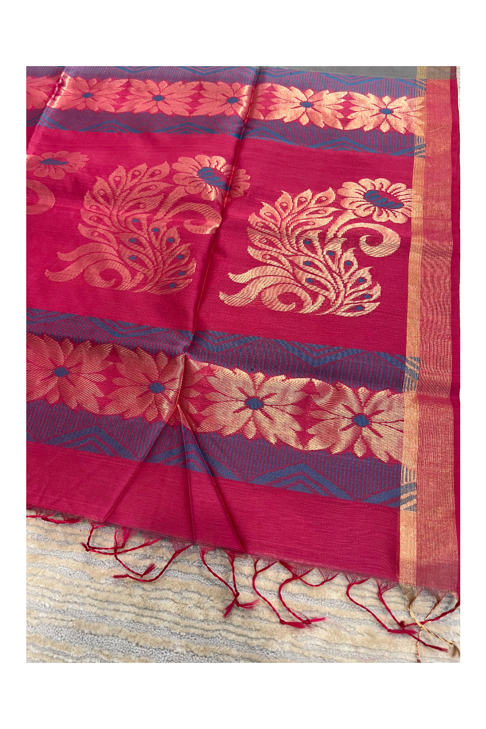 Southloom Pure Handloom Cotton Silk Saree With Handwoven Work Across Body and Blouse In Grey And Pink