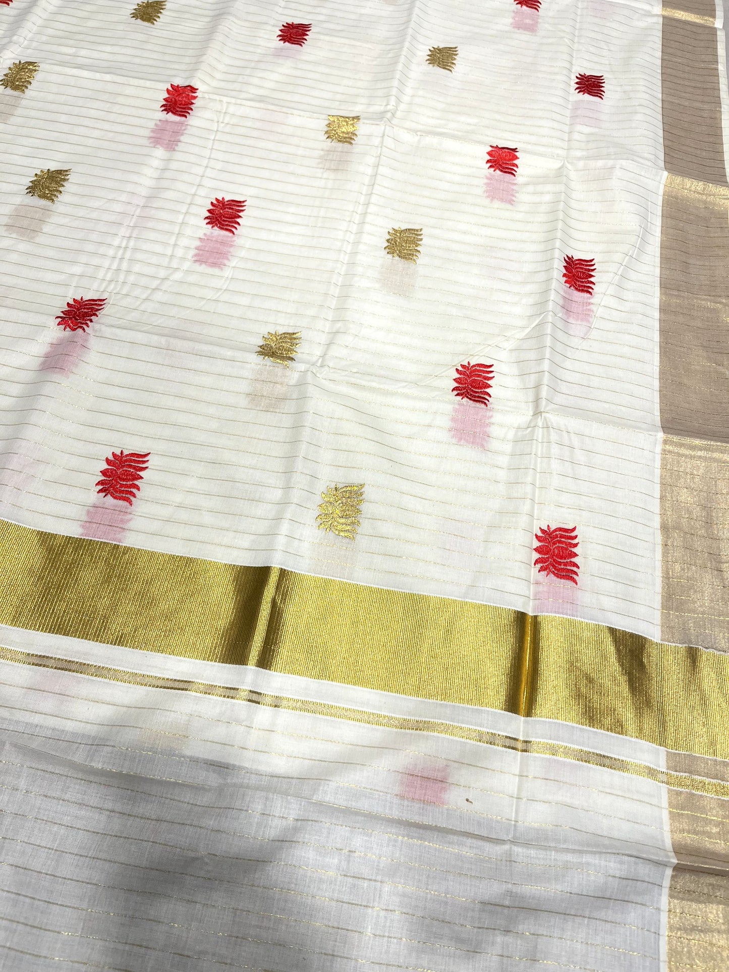 Southloom Kerala Cotton Kasavu Line Saree with Red Lotus Embroidery Works