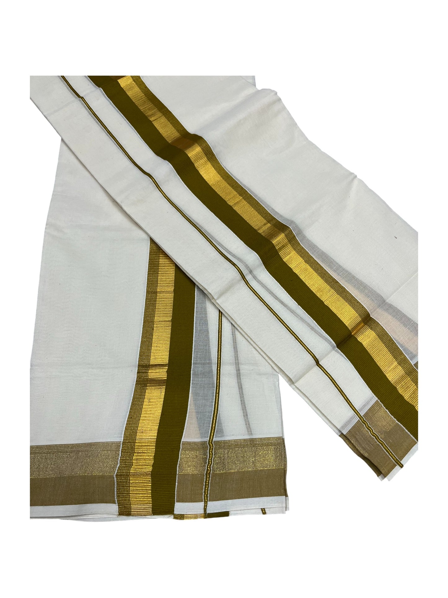 Kerala Cotton Kasavu Set Mundu (Mundum Neriyathum) with Olive Green and Gold Border