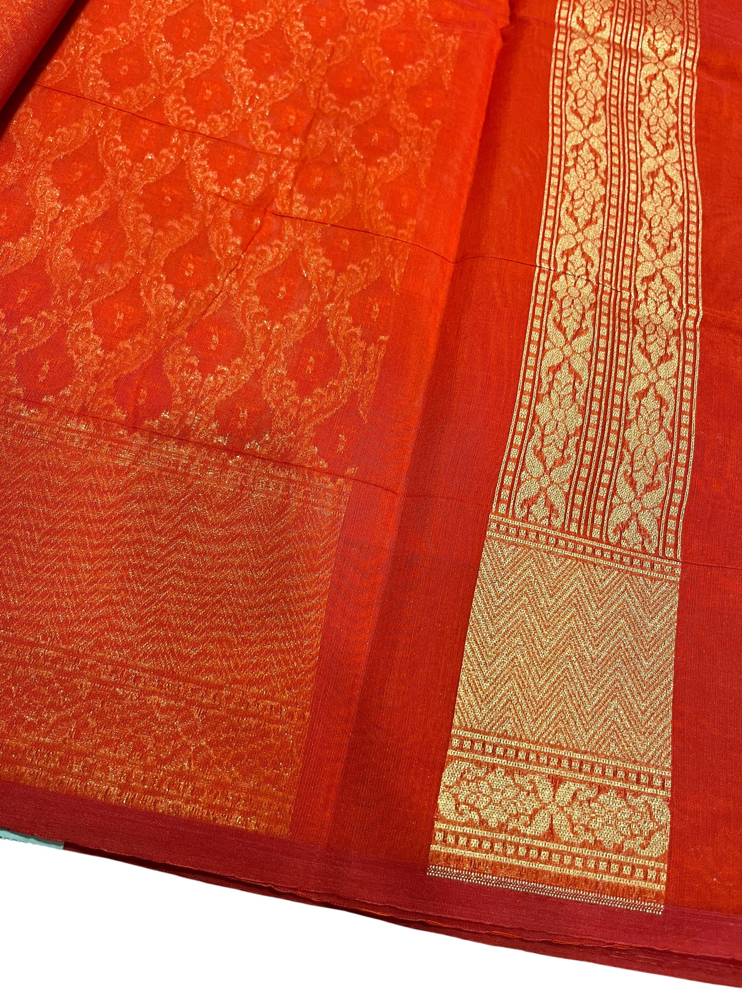 Southloom Cotton Banarasi Silk Saree with Woven Work on Body and Borders (Red & Orange)