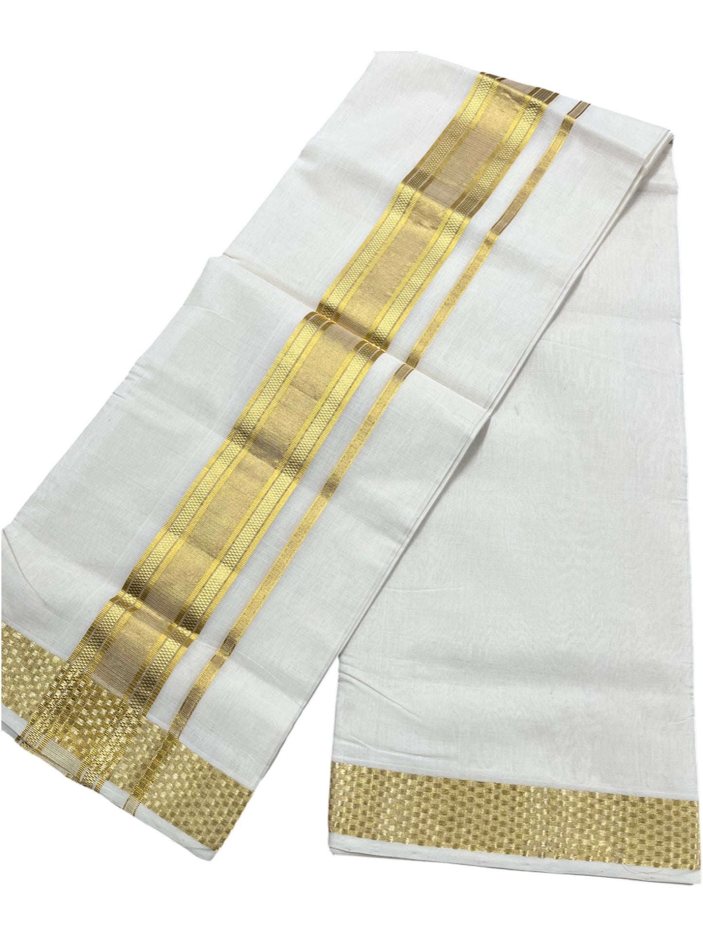 Southloom Premium Handloom Cotton Double Mundu with Gold Kasavu and Paa Neythu Border Border