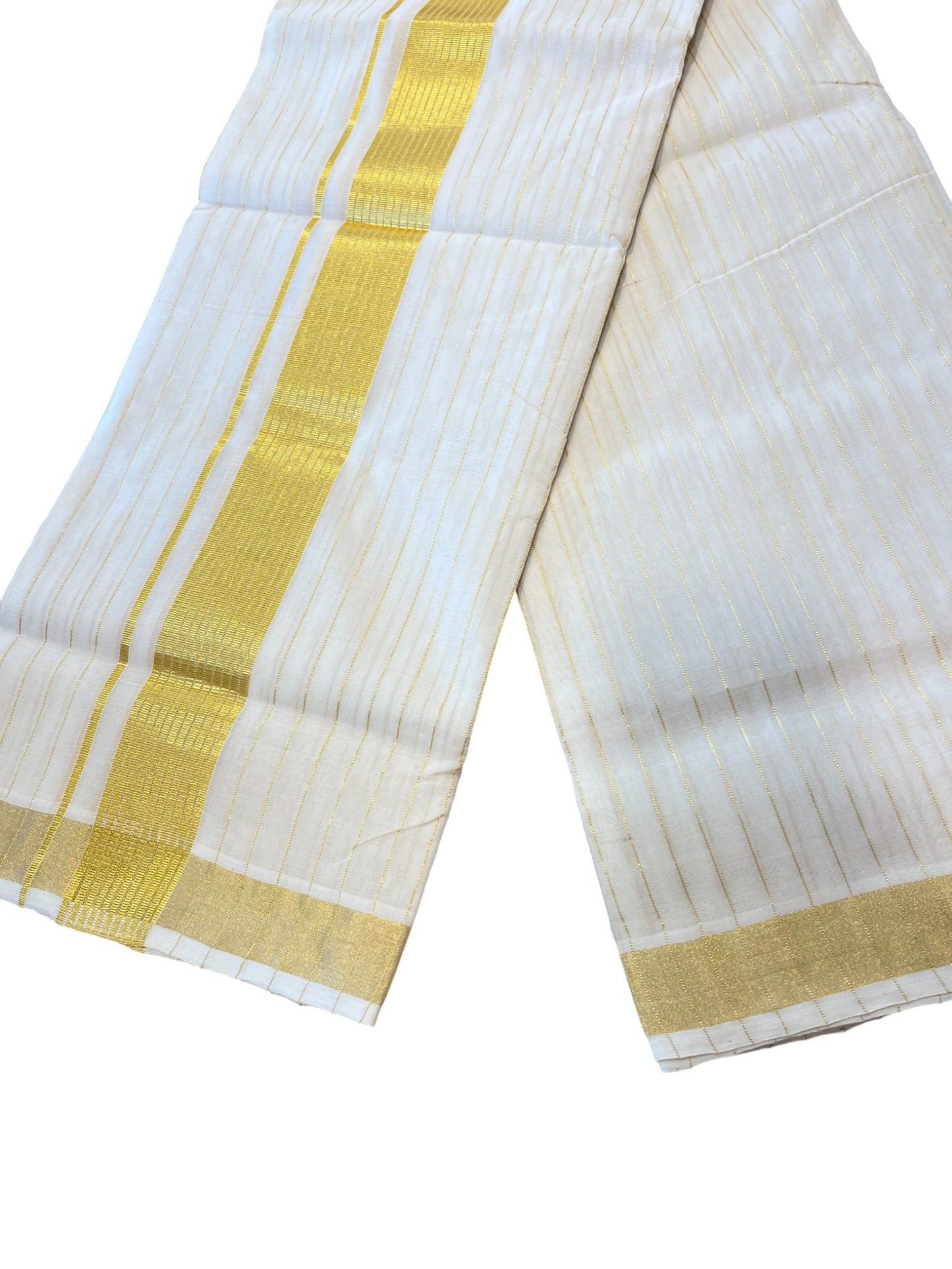 Southloom Premium Handloom Cotton Gold Kasavu Double Mundu with Stripes on Body