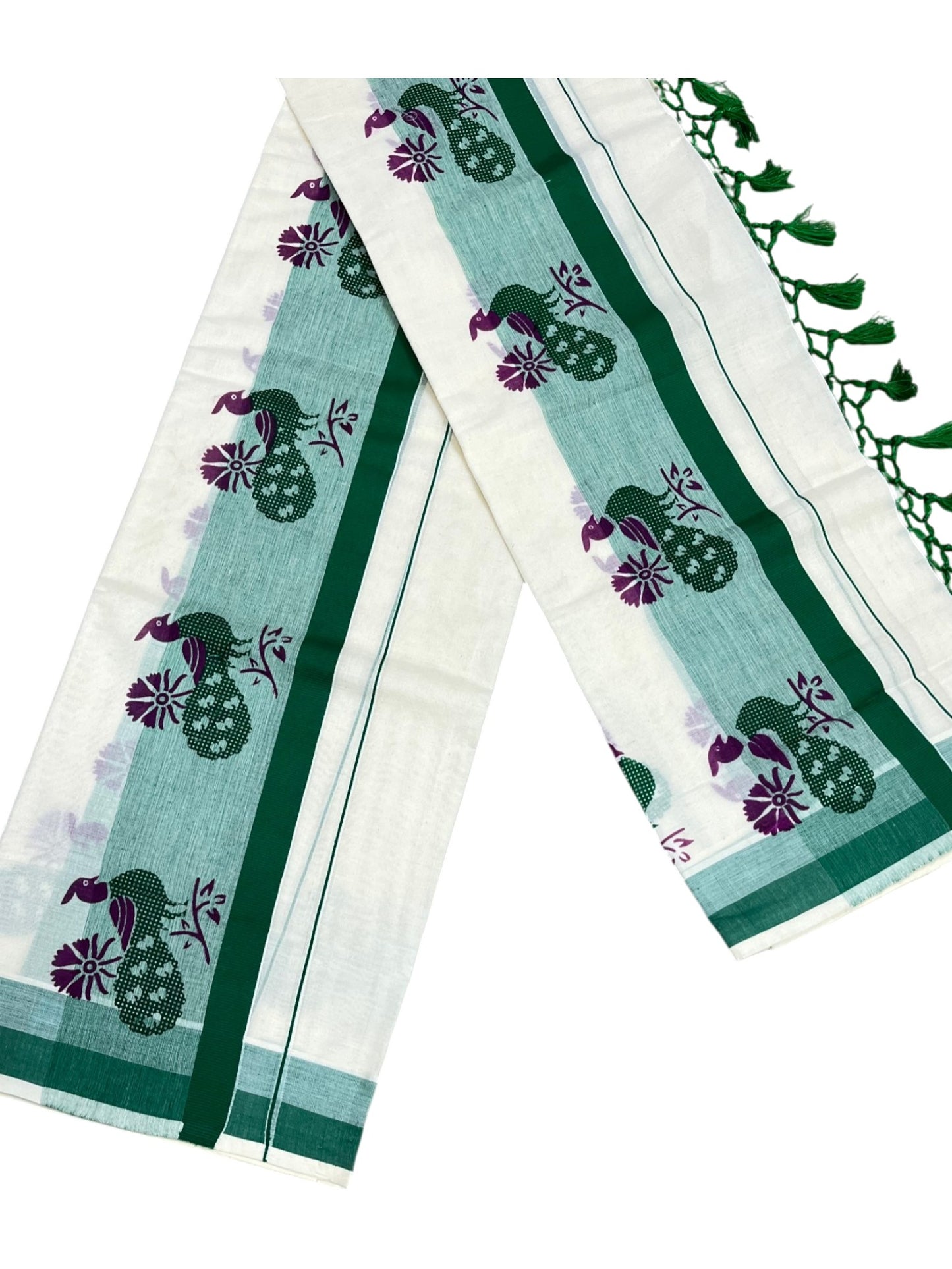 Southloom Cotton Single Set Mundu (Mundu Neriyathum) With Peacock Print And Green Border Kasavu With Tussles in 2.80 Mtrs