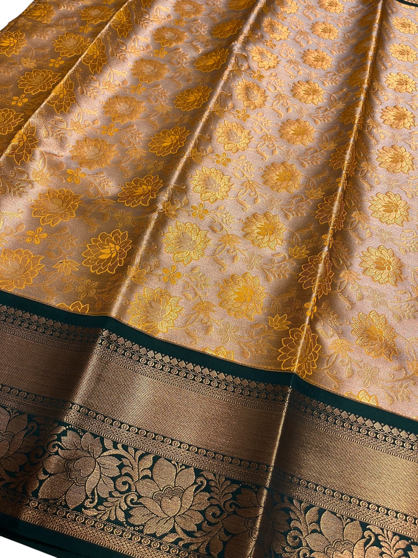 Southloom Banarasi Semi Silk Saree with Floral Zari Work Across Body (Beige & Green)