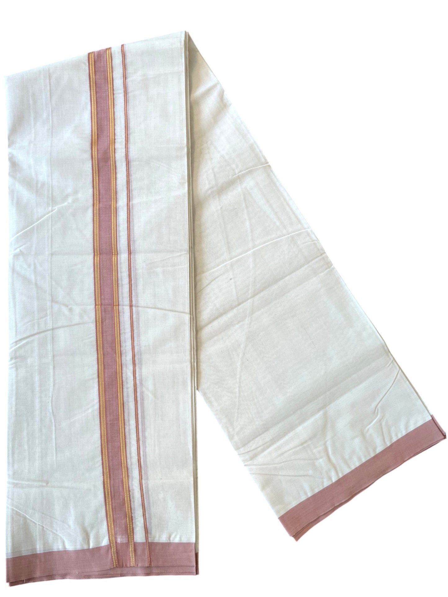 Southloom Pure Cotton Mundu with Golden Lines and Peach Colour Border (South Indian Kerala Dhoti)