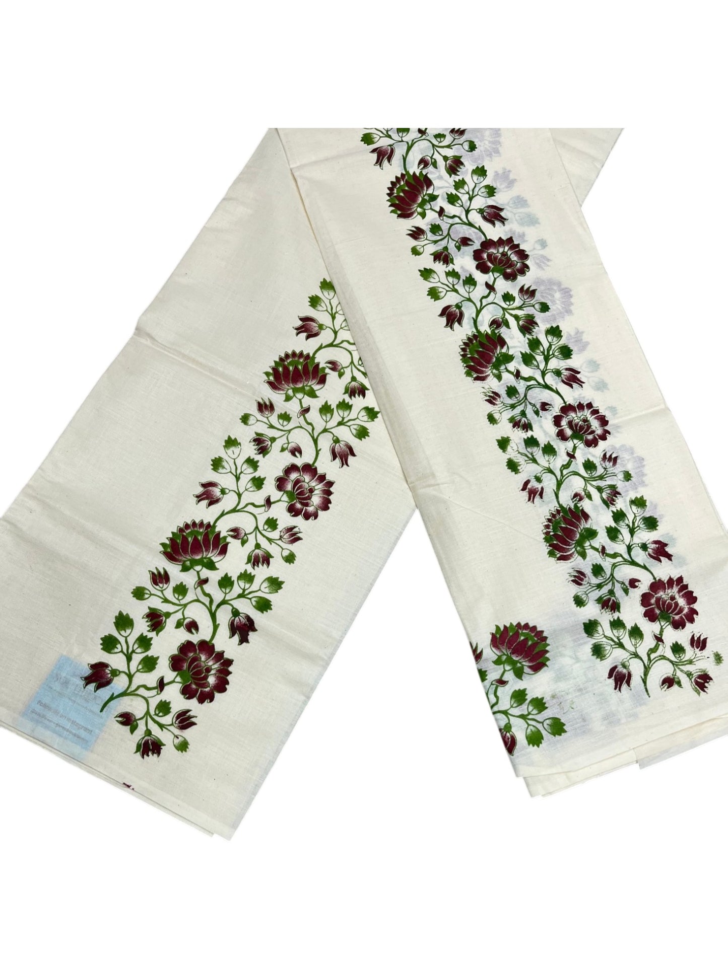 Southloom Pure Cotton Kerala Single Floral Print Set Mundu (Mundum Neriyathum) Maroon and Green Border in 2.50 mtrs