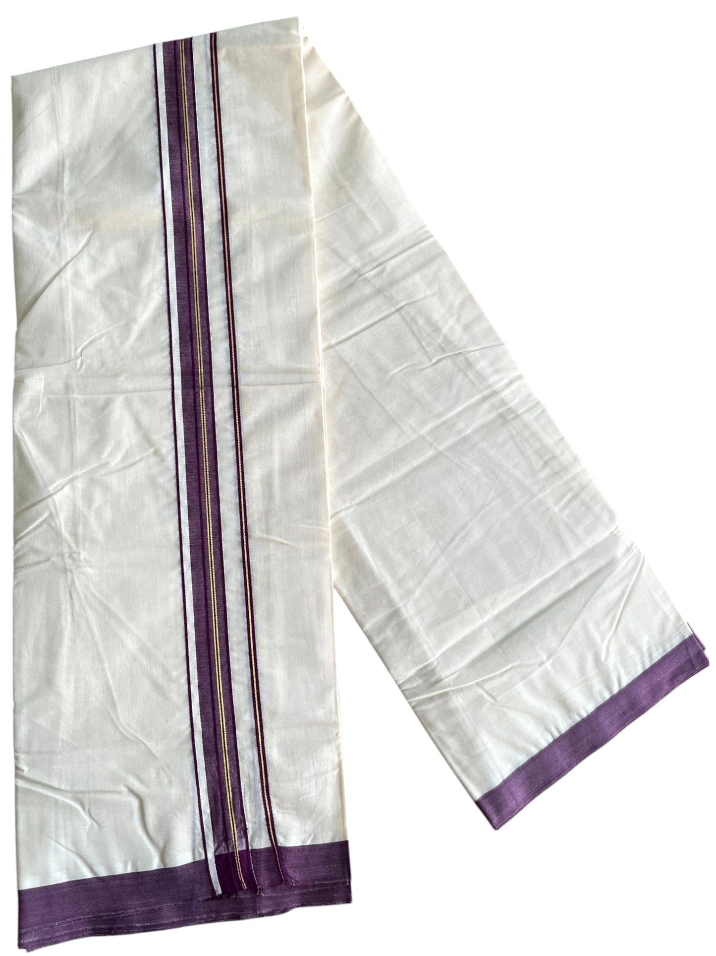 Southloom Pure Cotton Mundu with Golden Lines and Purple Border (South Indian Kerala Dhoti)