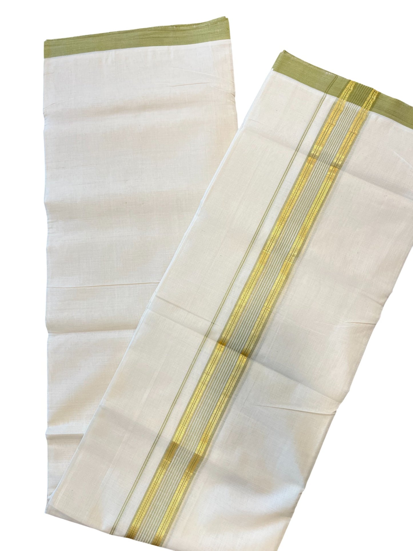 Southloom Premium Handloom Cotton Double Mundu with Gold and Green Border