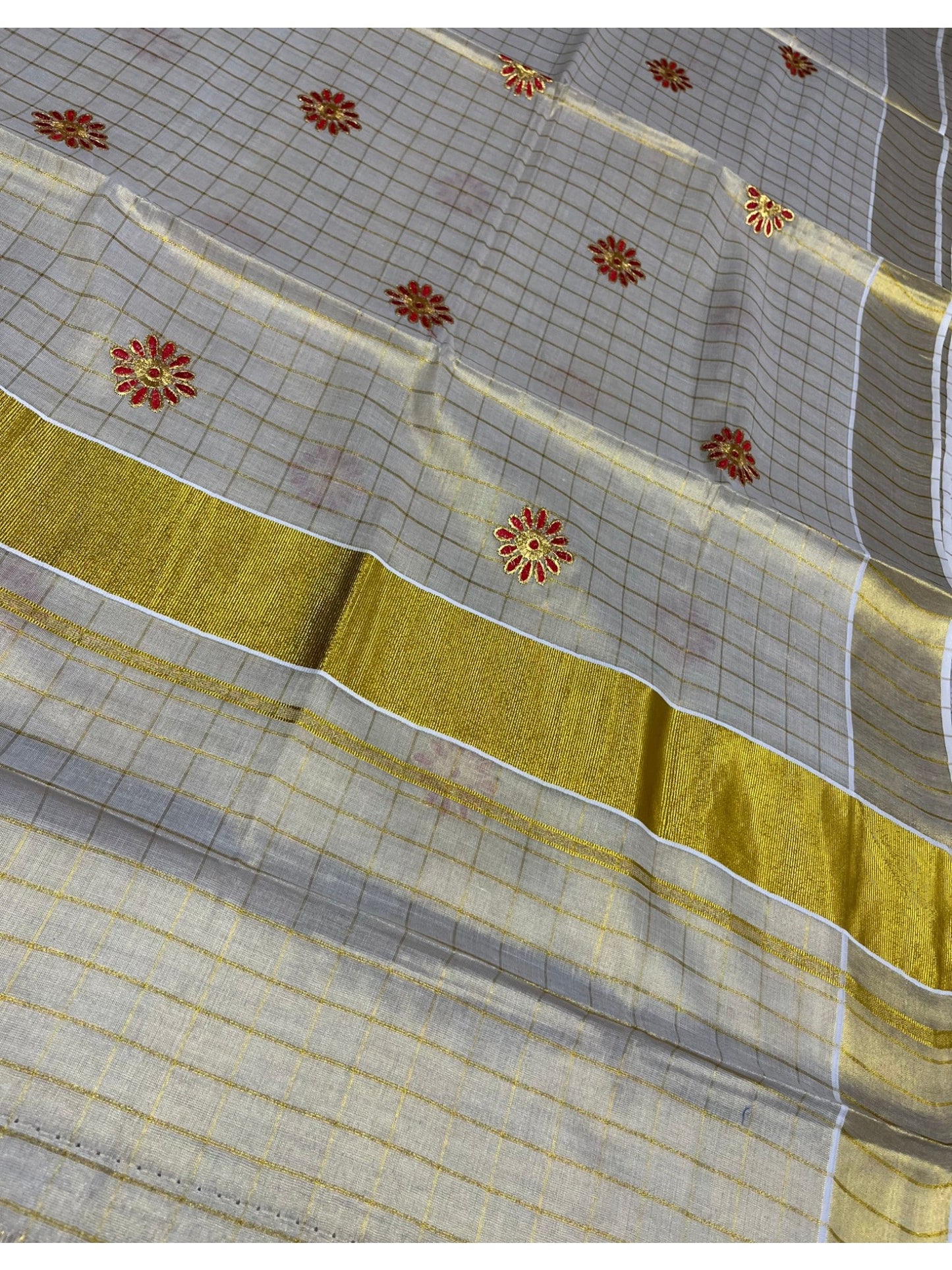 Southloom Kerala Tissue Kasavu Check Saree with Red and Gold Floral Embroidery Design on Body