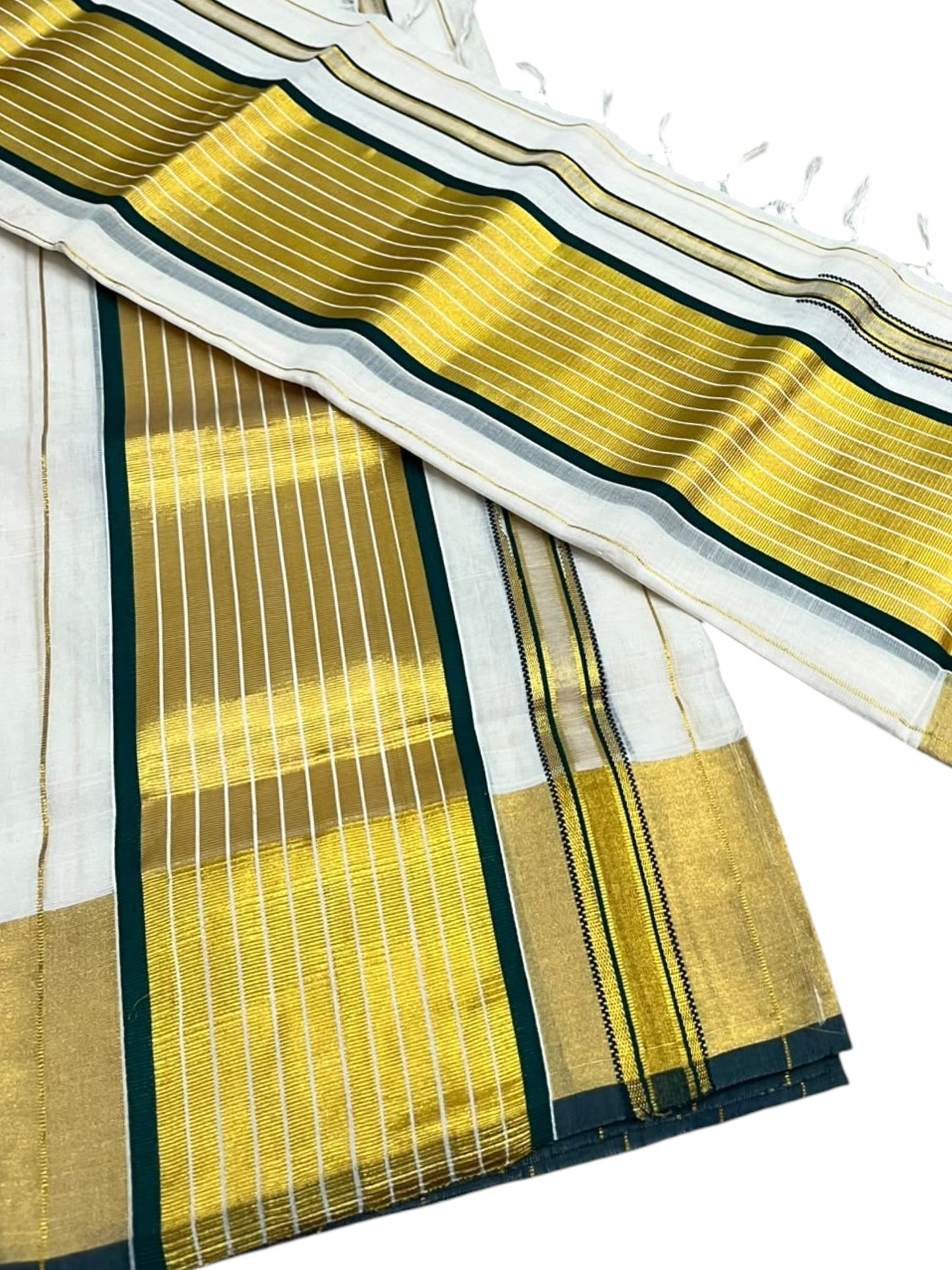 Southloom Premium Cotton Stripes Handloom Set Mundu with Chuttikara Kasavu With Green And Golden Border (2.80 Mtr)