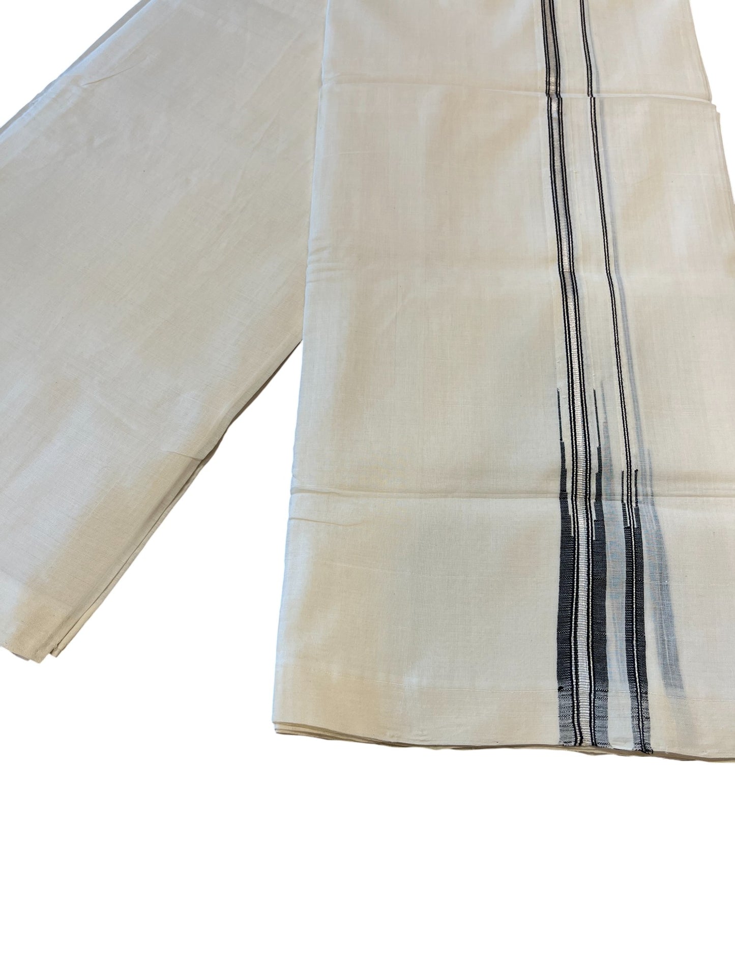 Southloom Premium Handloom Cotton Double Mundu with Silver and Black Chutti Kara Border
