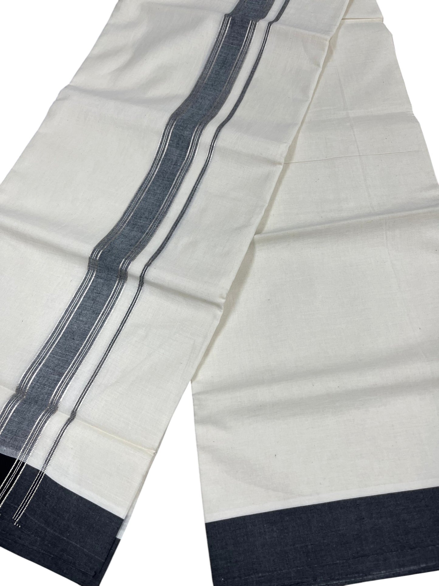 Southloom Kerala Pure Cotton Double Mundu with Silver Lines and Black Border with (South Indian Dhoti)