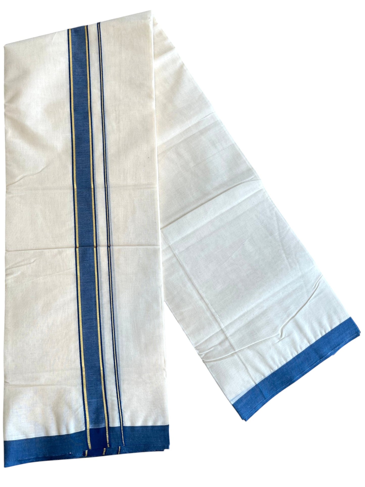Southloom Pure Cotton Mundu with Golden Lines and Blue Border (South Indian Kerala Dhoti)