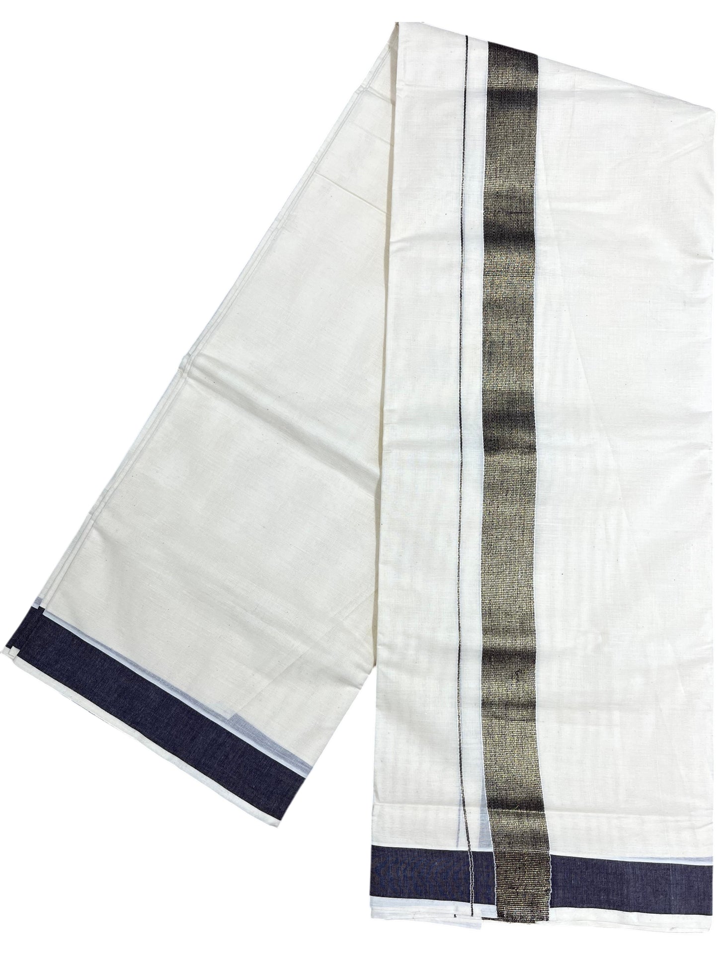 Southloom Kerala Pure Cotton Double Mundu with Dark Purple Border (South Indian Dhoti)