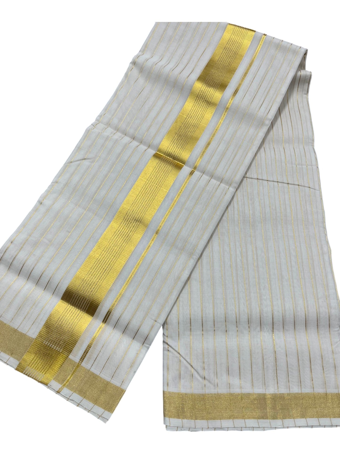 Southloom Premium Handloom Cotton Double Mundu with Gold Kasavu And Gold Lines on Body & Border