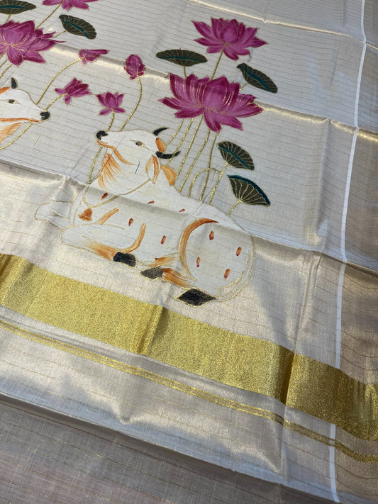 Southloom Tissue Kerala Kasavu Saree with Hand Painted Embroidery Nandi and Lotus Design