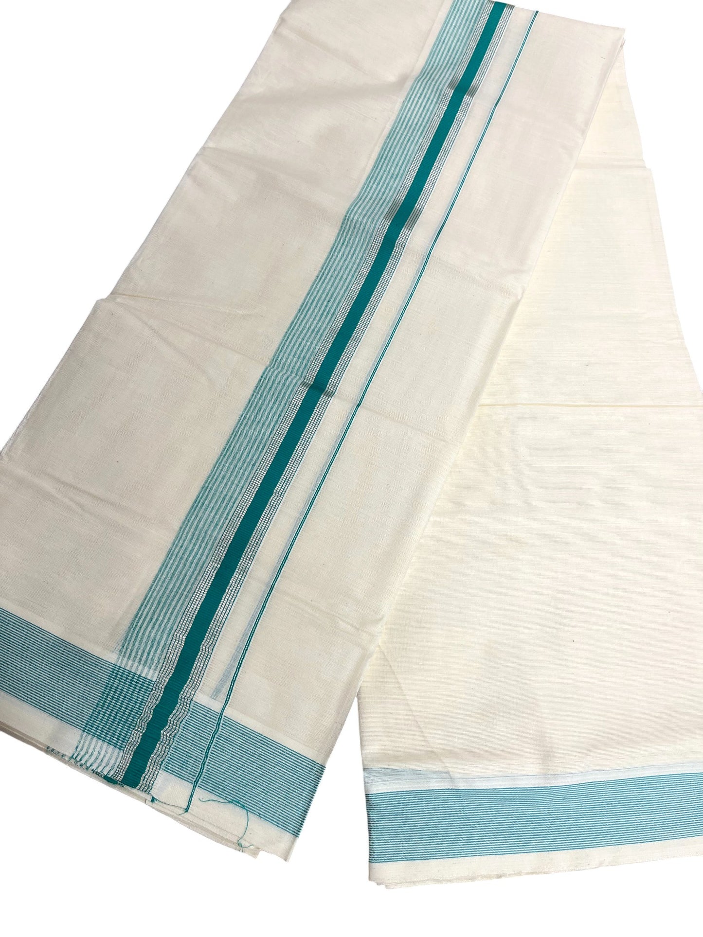 Southloom Kerala Pure Cotton Double Mundu with Silver Lines & Green Border (South Indian Dhoti)