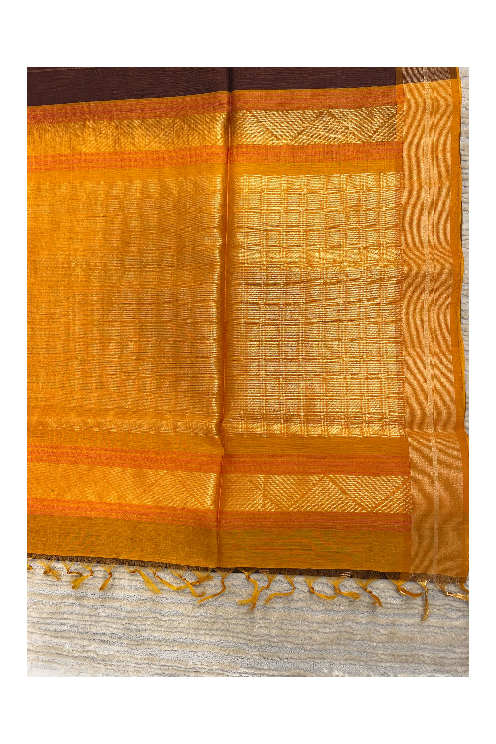 Southloom Pure Handloom Cotton Silk Saree With Handwoven Work Across Body and Blouse in Brown And Yellow