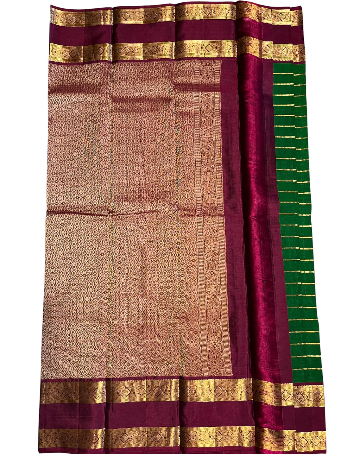 Southloom Pure Handloom Bridal Kanchipuram Silk Saree with Korvai Work (Green &Maroon)