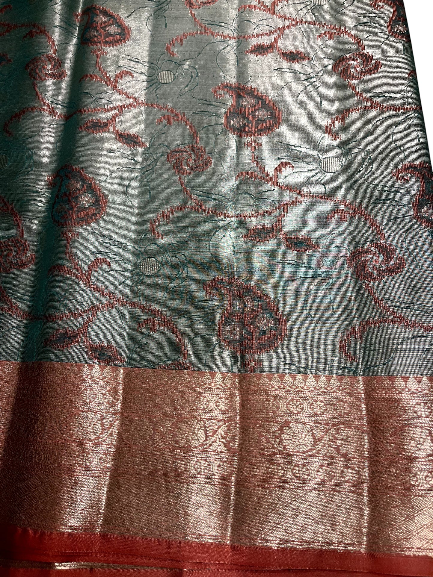Southloom Tissue Silk Saree with Woven Work on Body and Borders (Peach & Green)
