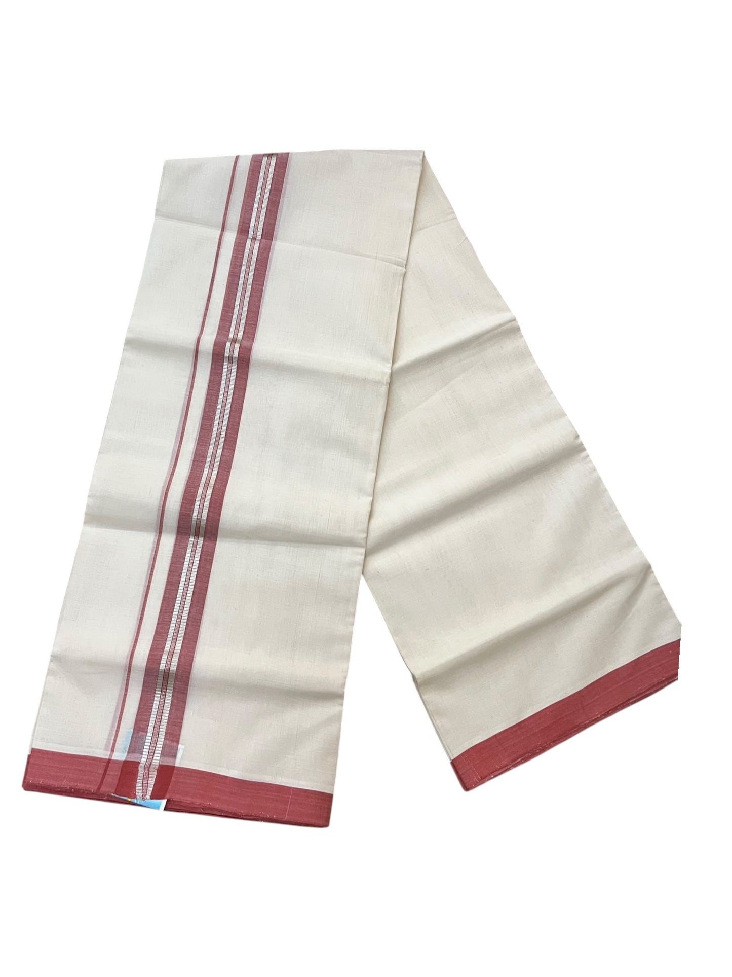 Southloom Balaramapuram Unakkupaavu Premium Handloom Cotton Double Mundu with Silver Lines and Brick Red Border