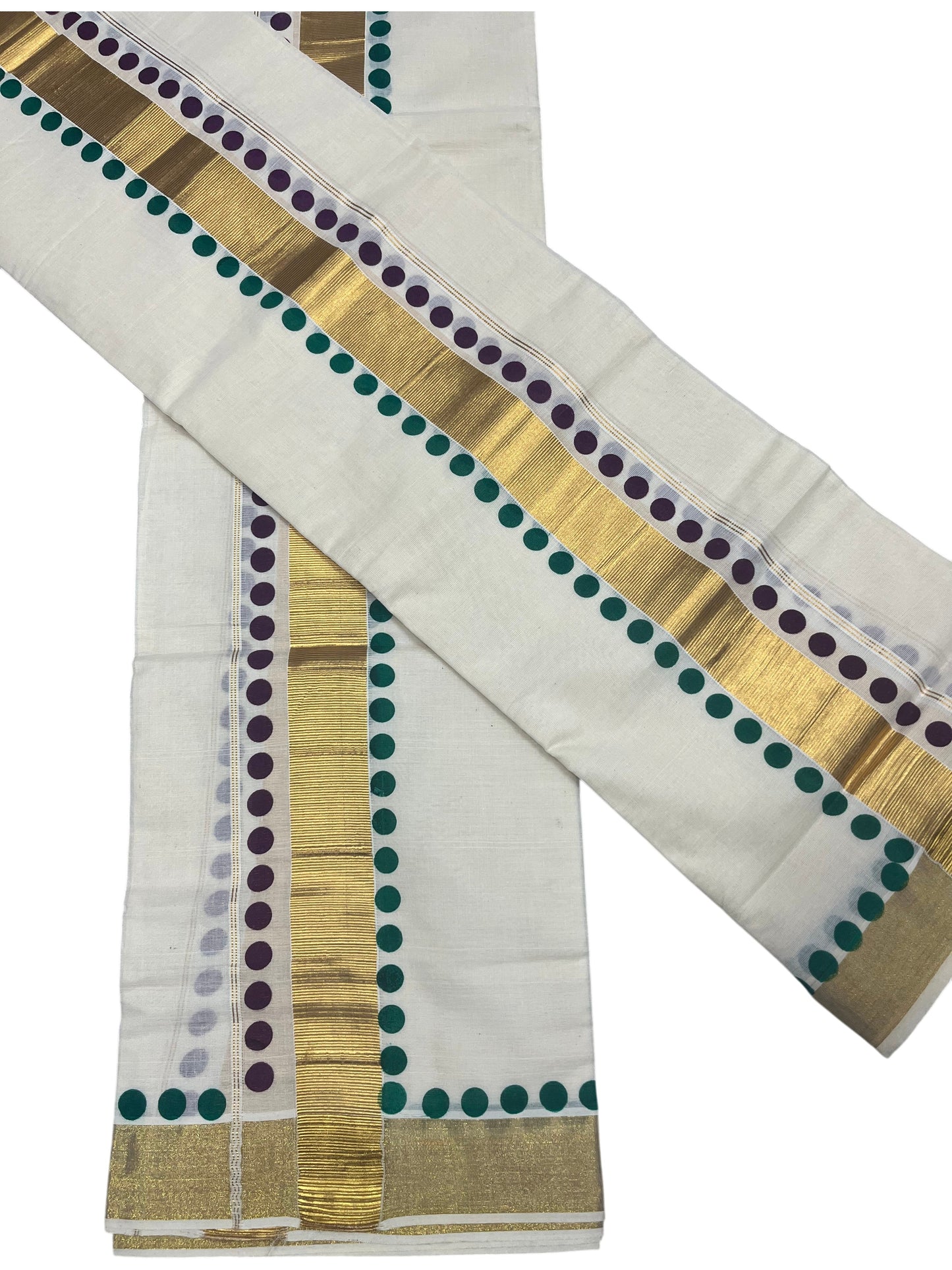 Southloom Kerala Cotton Kasavu Single Set Mundu (Mundum Neriyathum) with Maroon And Green Polka Dots Border SLKK