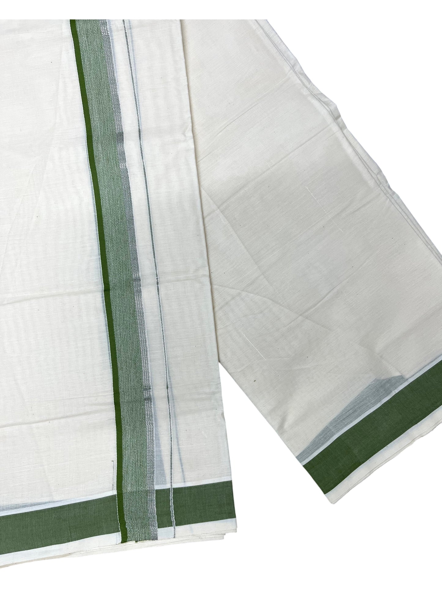 Southloom Pure Cotton Mundu with Silver Lines and Green Border (South Indian Kerala Dhoti)