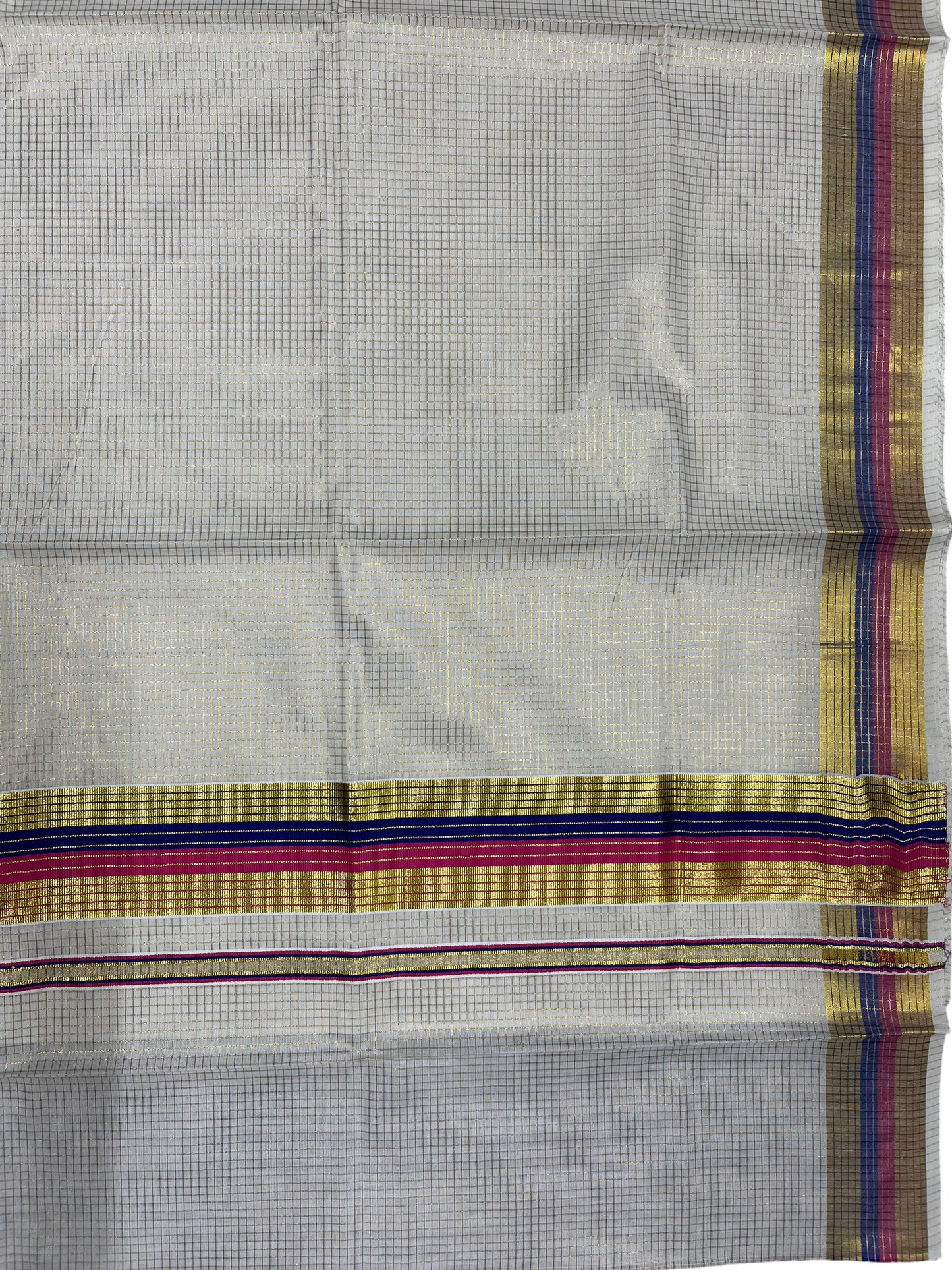 Southloom Kerala Cotton Kasavu Saree with Micro Check Design on Body in Magenta & Blue Border