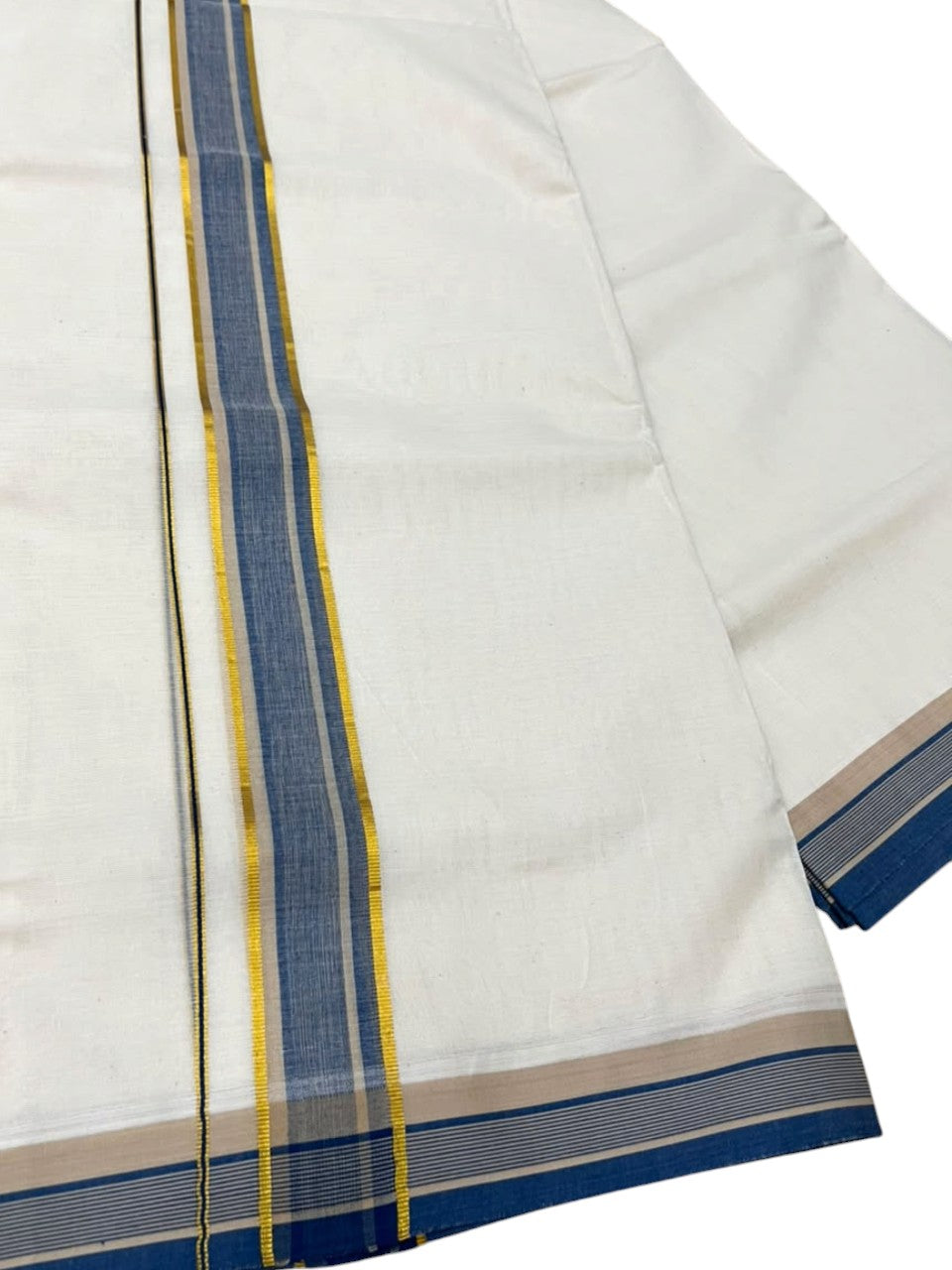 Southloom Pure Cotton Mundu with Siver Lines and Blue Border (South Indian Kerala Dhoti)