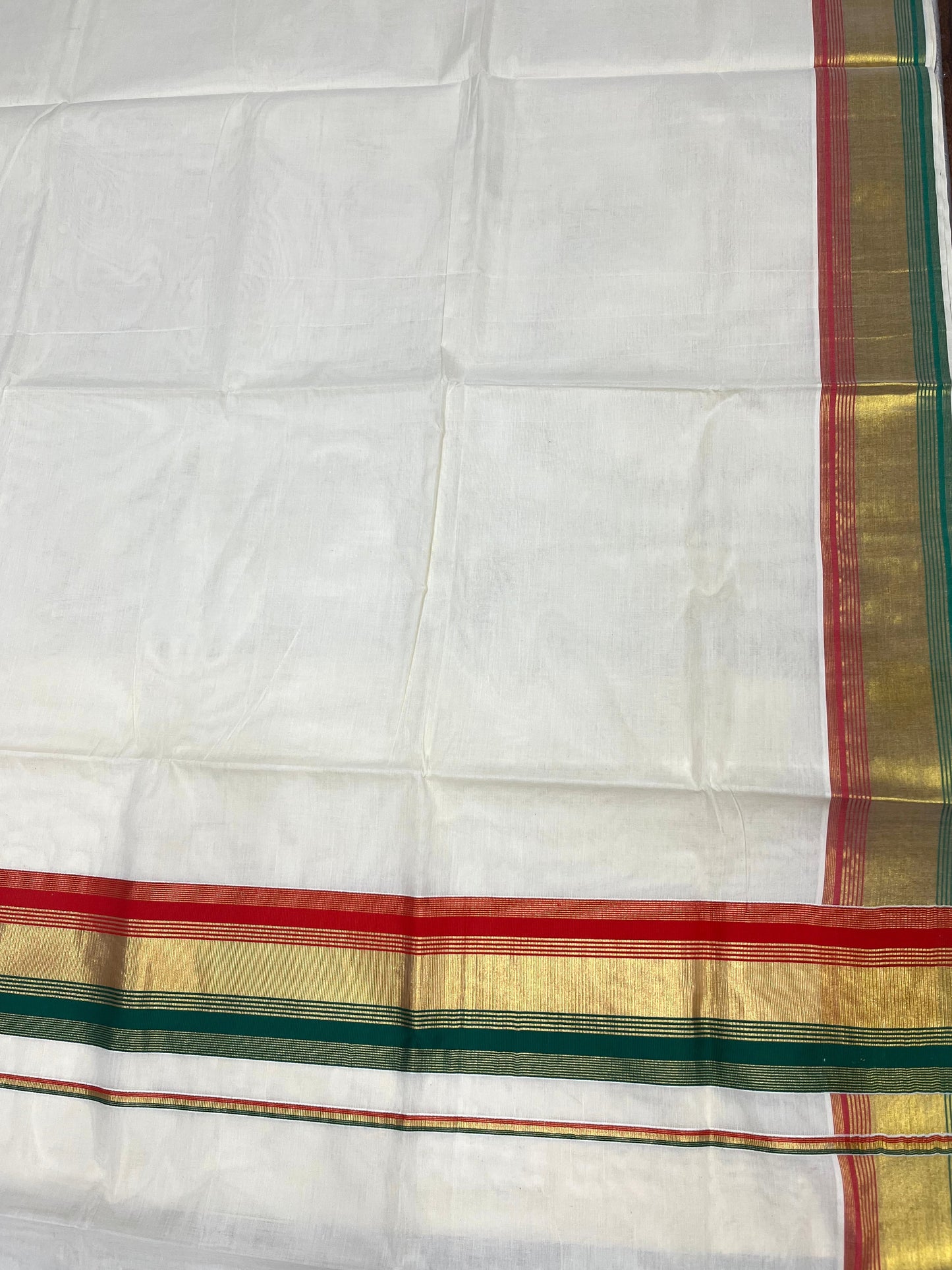 Southloom Kerala Cotton Kasavu Saree with Green And Orange Border