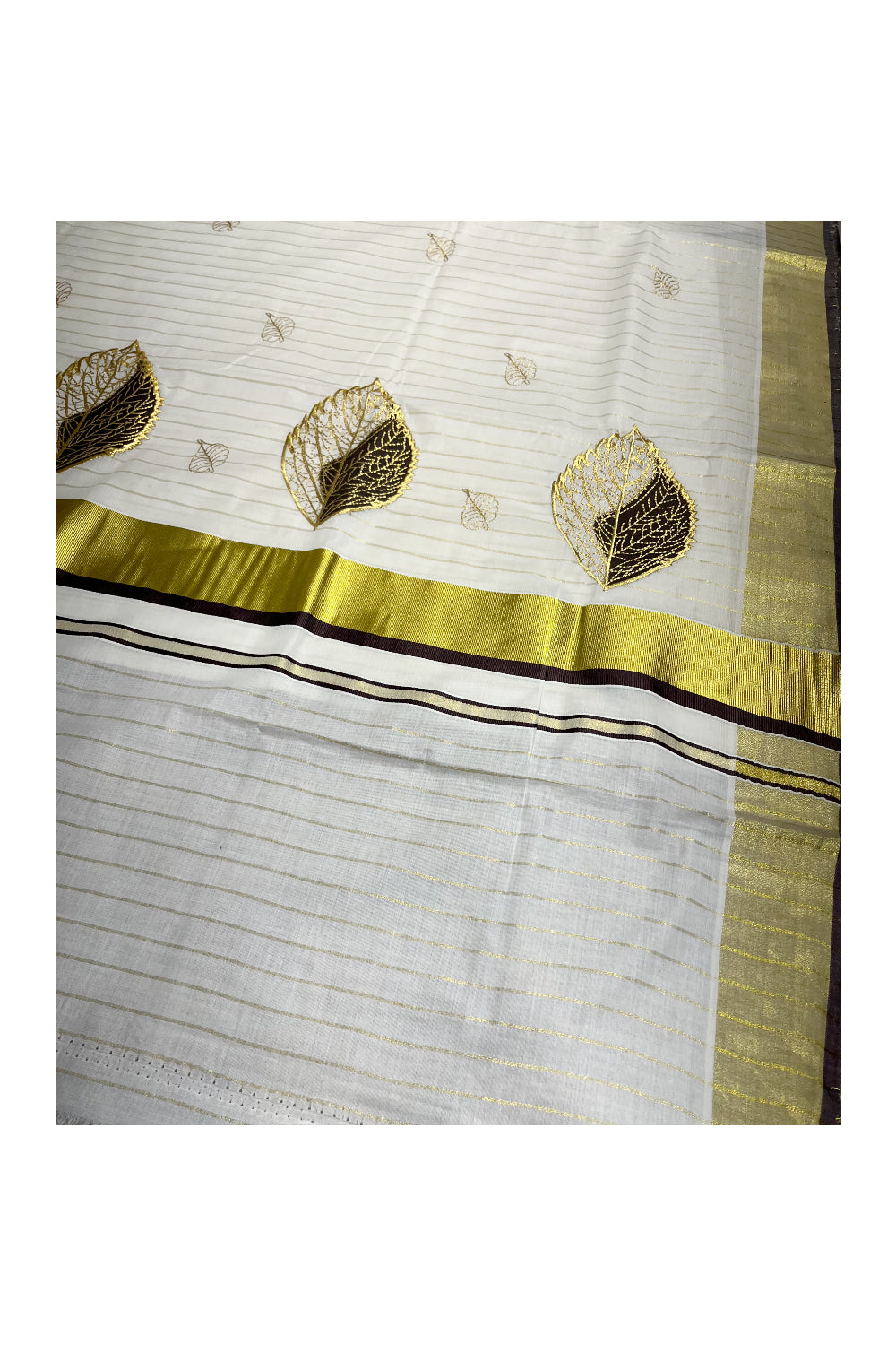 Southloom Kasavu Lines Saree with High Quality Embroidery Work in Kasavu and Brown