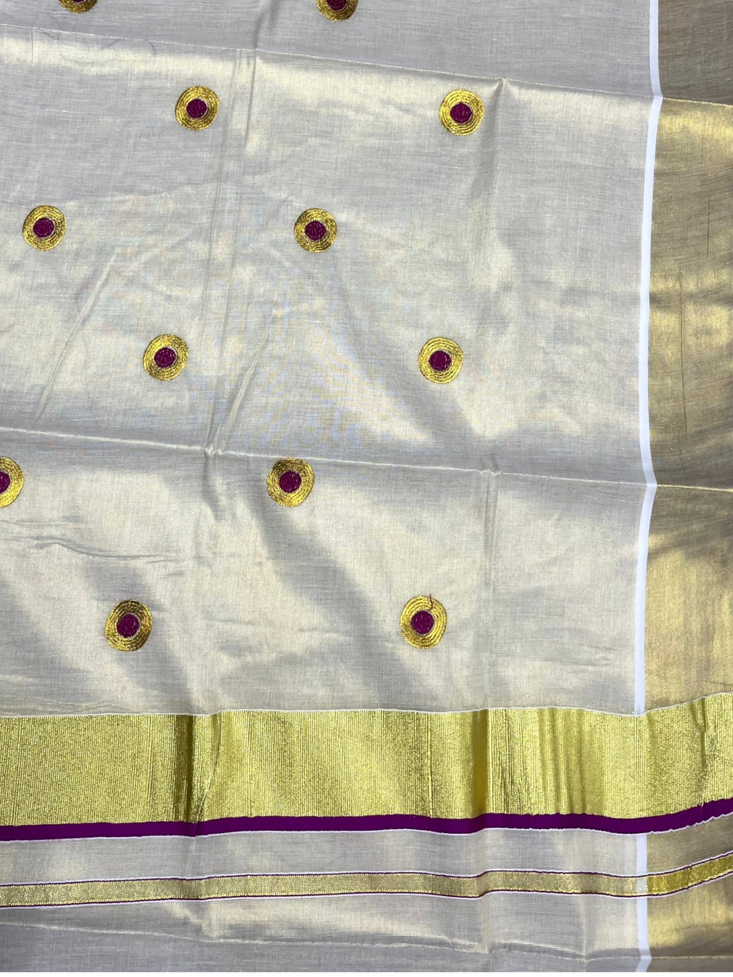 Southloom Kerala Tissue Kasavu Saree with Gold & Magenta Polka Embroidery Works on Body