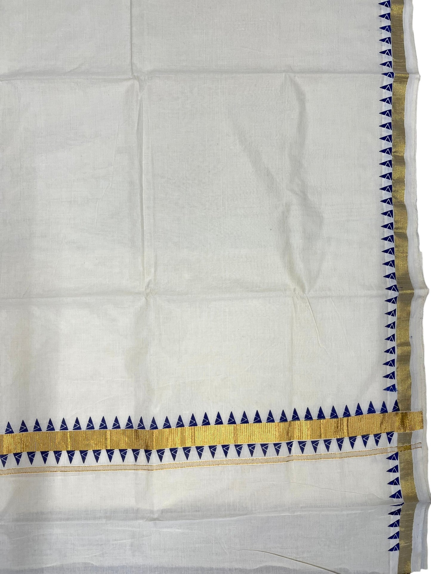 Southloom Cotton Kerala Kasavu Saree with Blue Tample Design Border