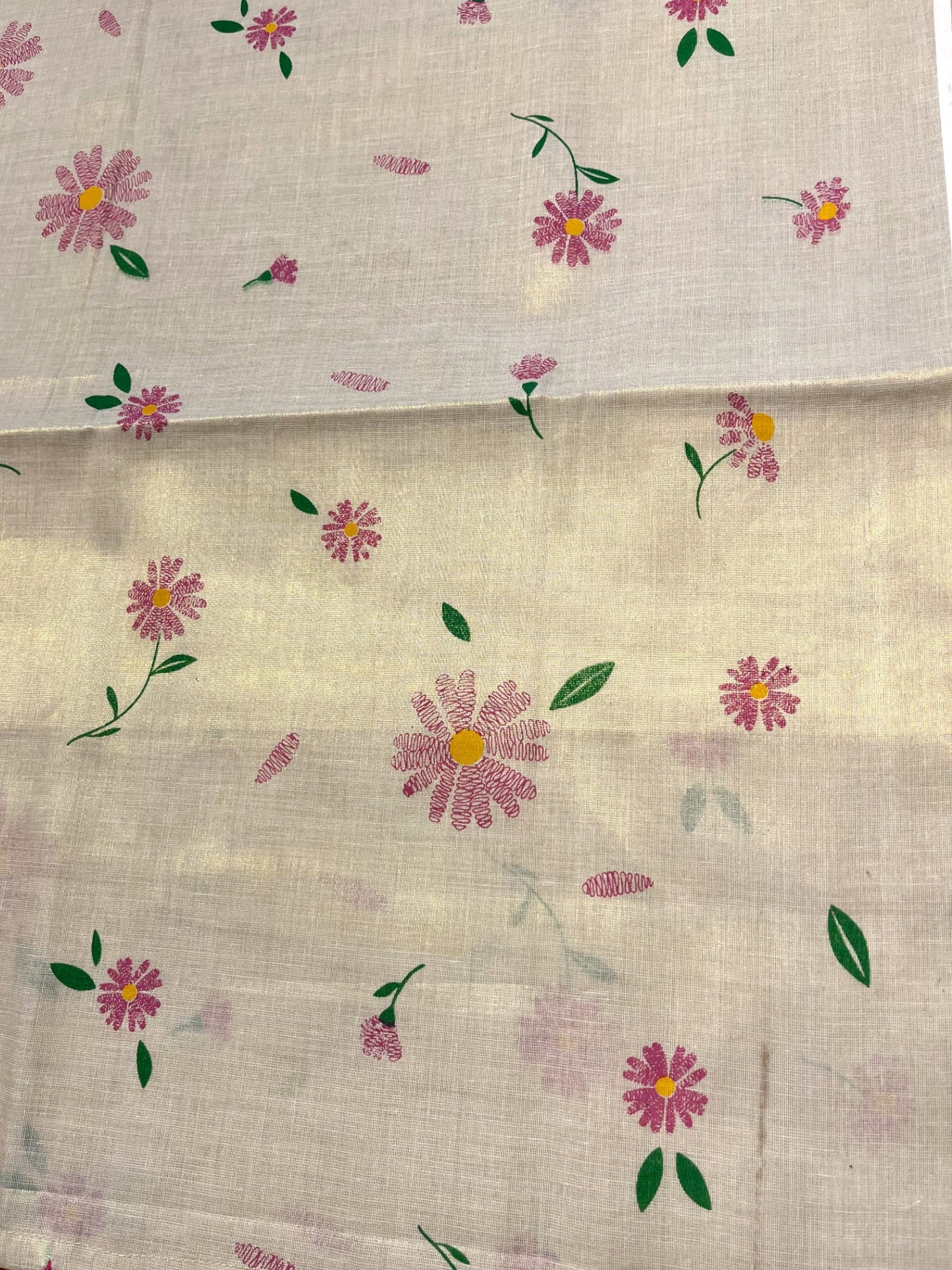 Southloom Kerala Tissue Kasavu Saree with Pink Floral Print on Body and Border