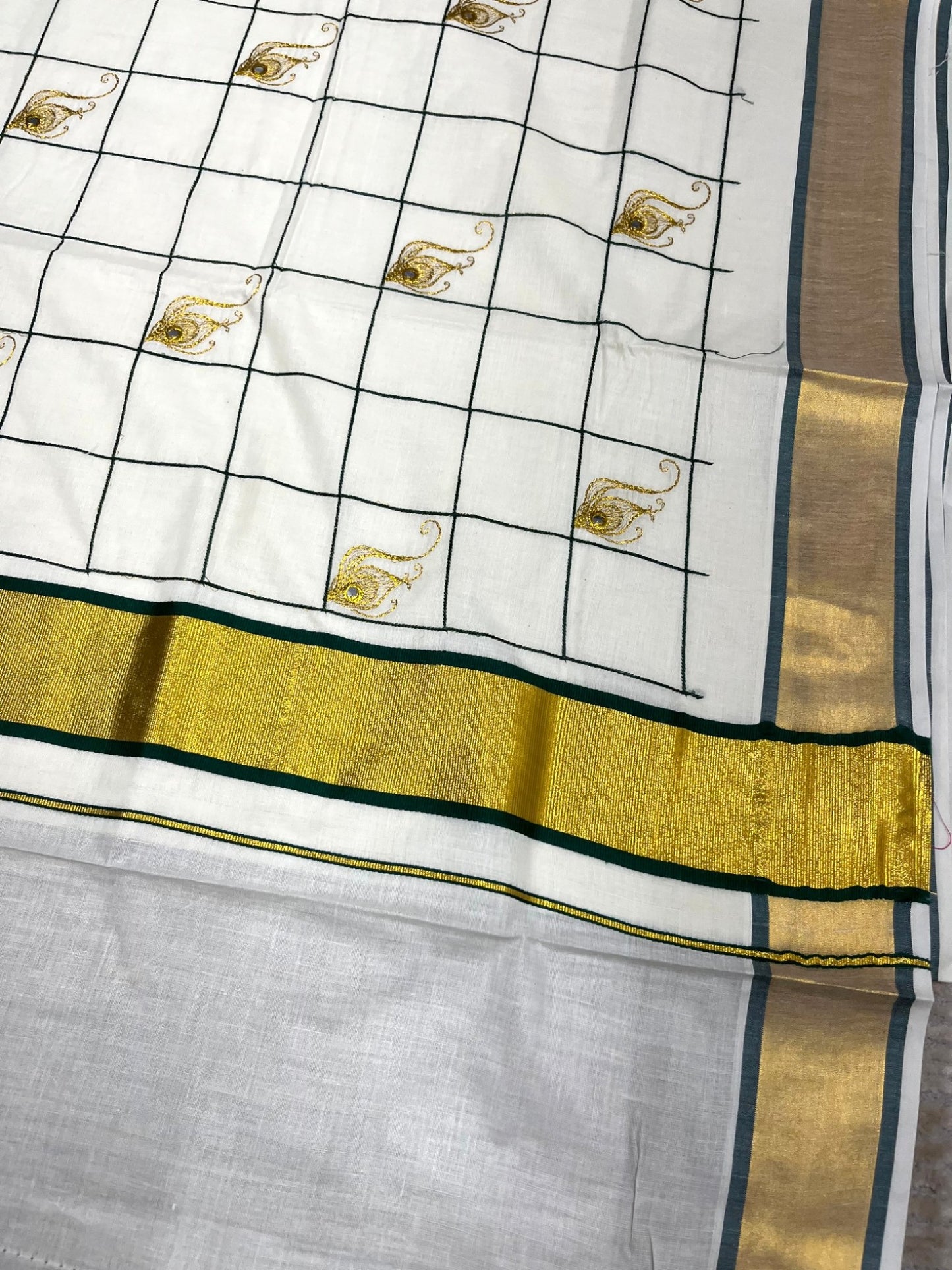 Southloom Cotton Kerala Kasavu Check Saree with Peacock Feather Embroidery Design in Green