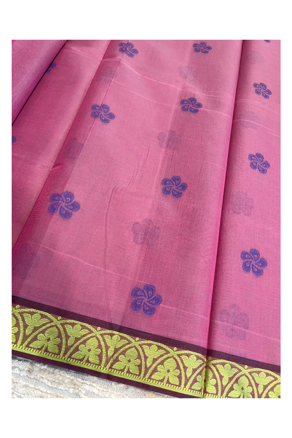 Southloom Kerala Cotton Saree with Floral Woven Works Across Body in Magenta