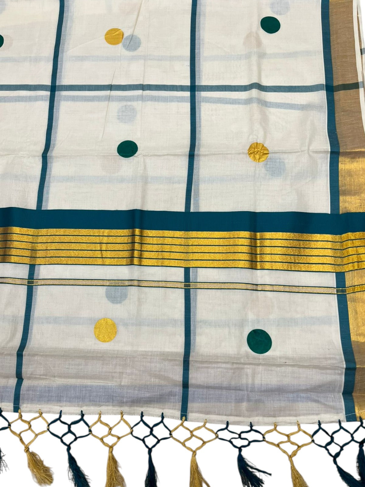 Southloom Kerala Cotton Kasavu Saree with Peacock Green & Gold Polka Works on Body