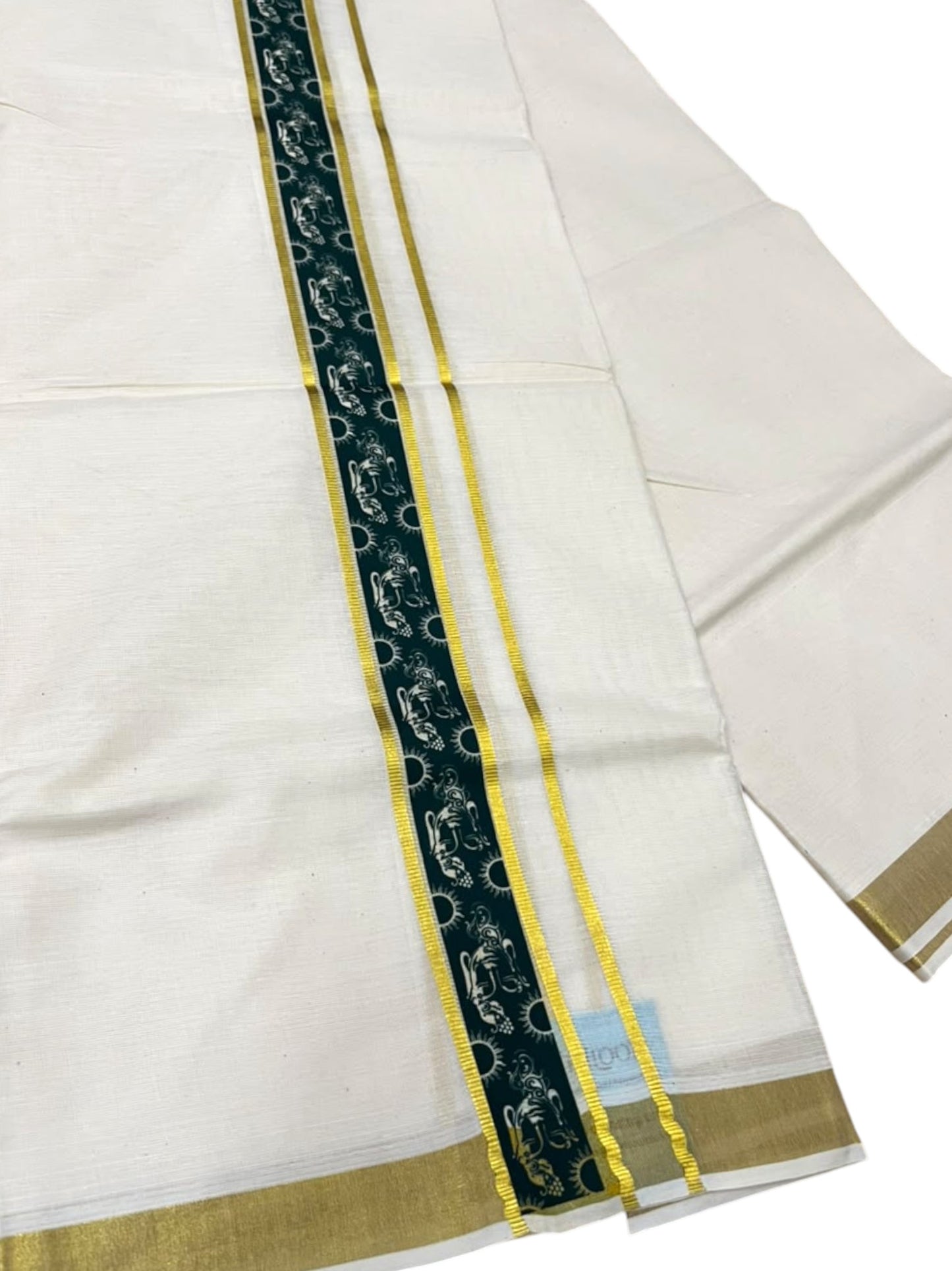 Southloom Pure Cotton Double Mundu with Green Block Printed And Ksavu Border (South Indian Kerala Dhoti)
