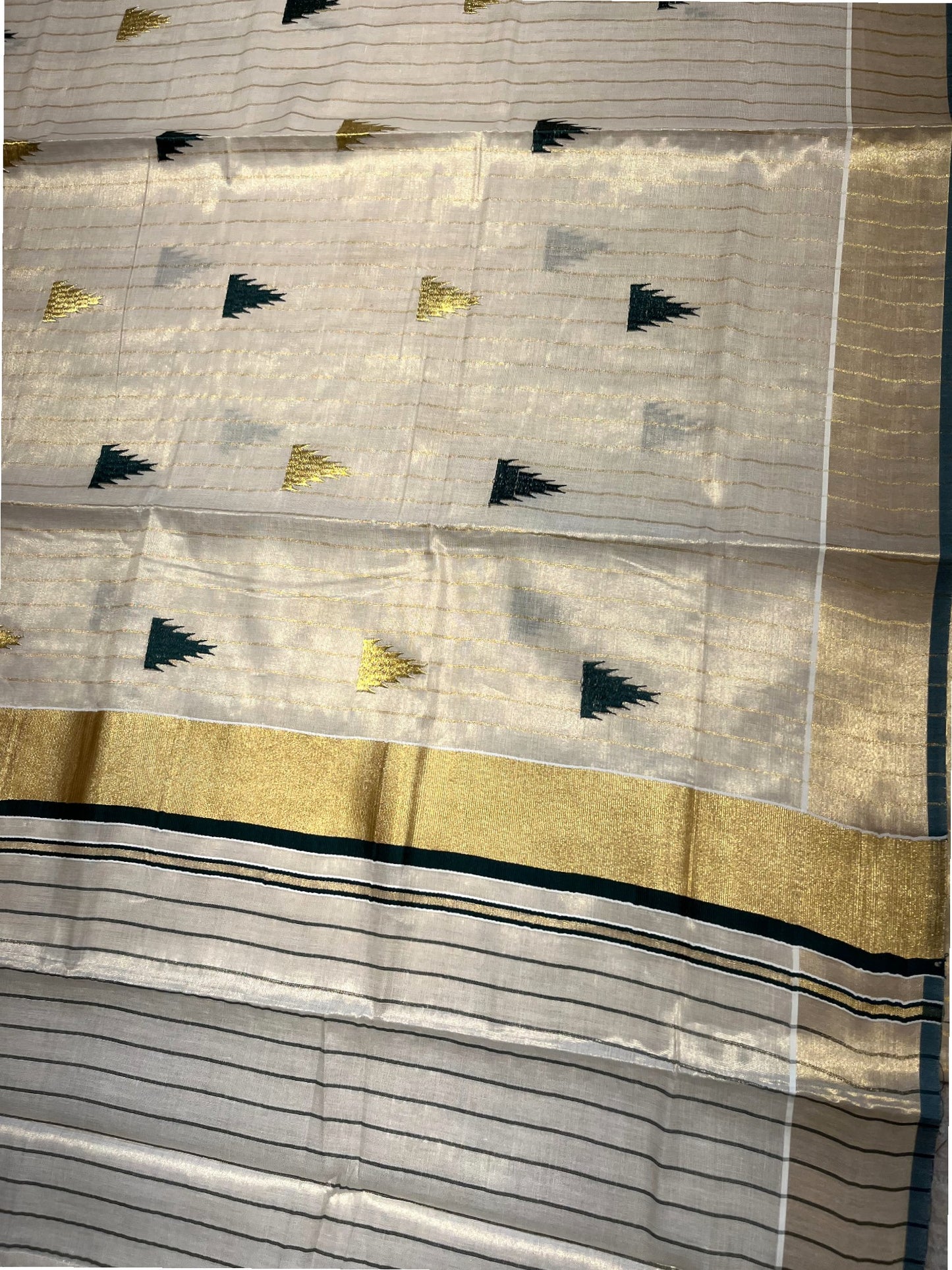 Kerala Tissue Kasavu Stripes Saree with Green and Gold Temple Embroidery Design on Body