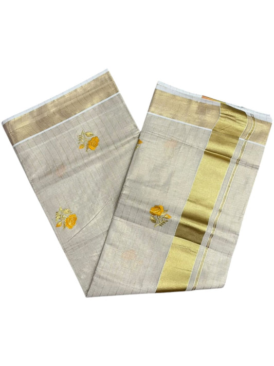 Southloom Tissue Kerala Kasavu Saree with Floral Embroidery Design On Border